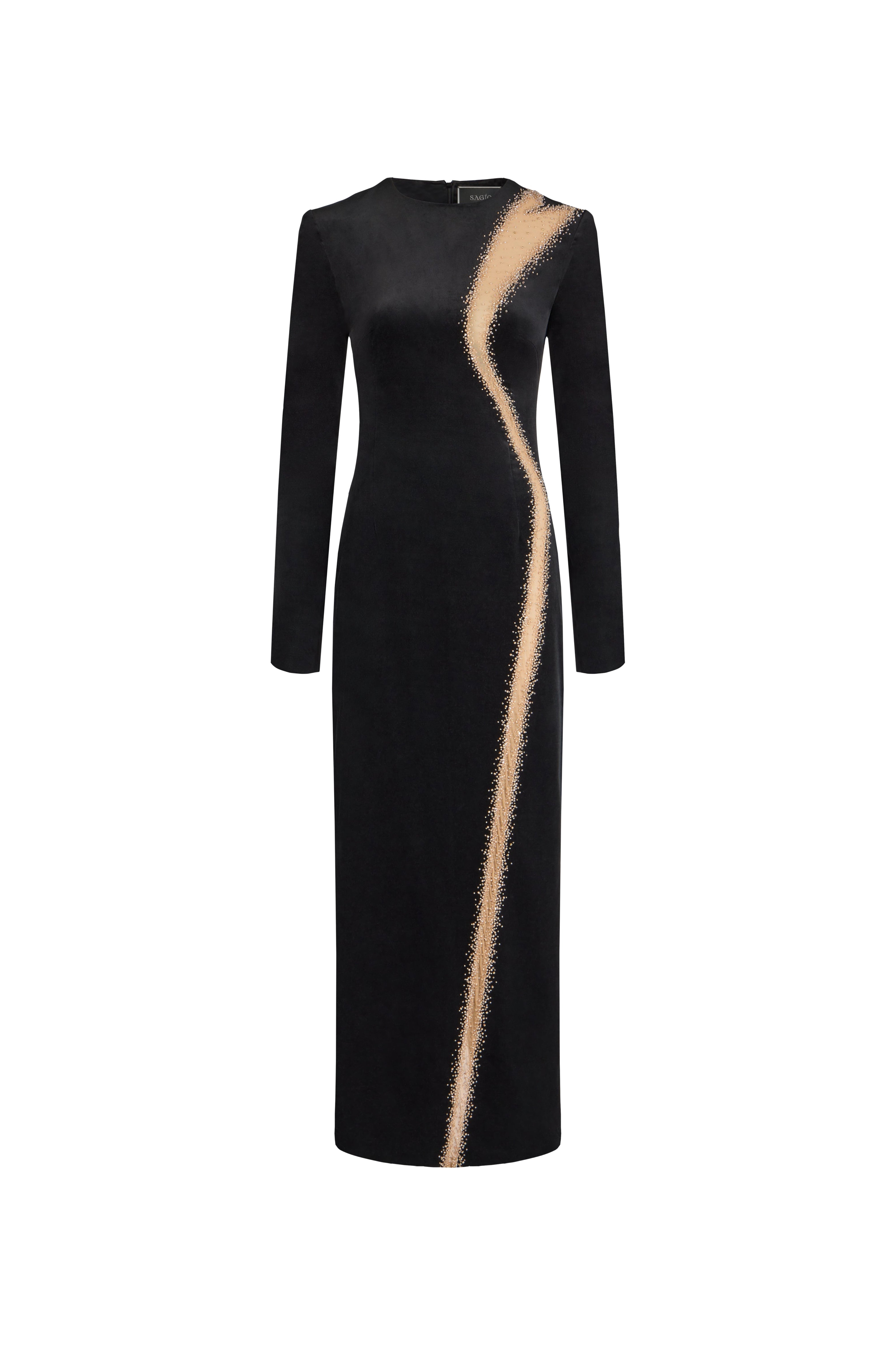 VELVET BLACK DRESS WITH LINE SKETCH EMBROIDERY