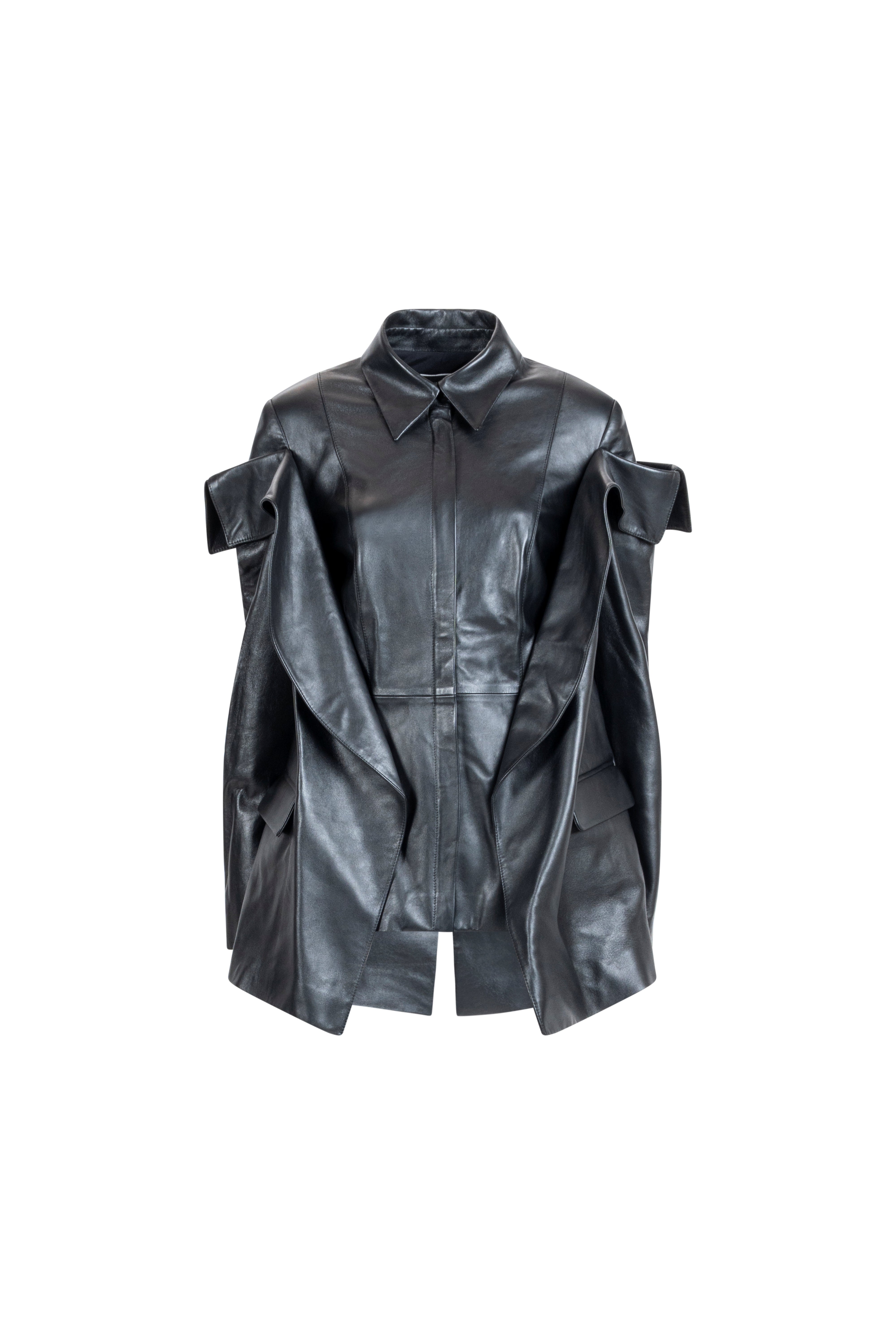 Women’s black leather jacket with sculptural draped shoulders, pointed collar and a clean concealed placket.