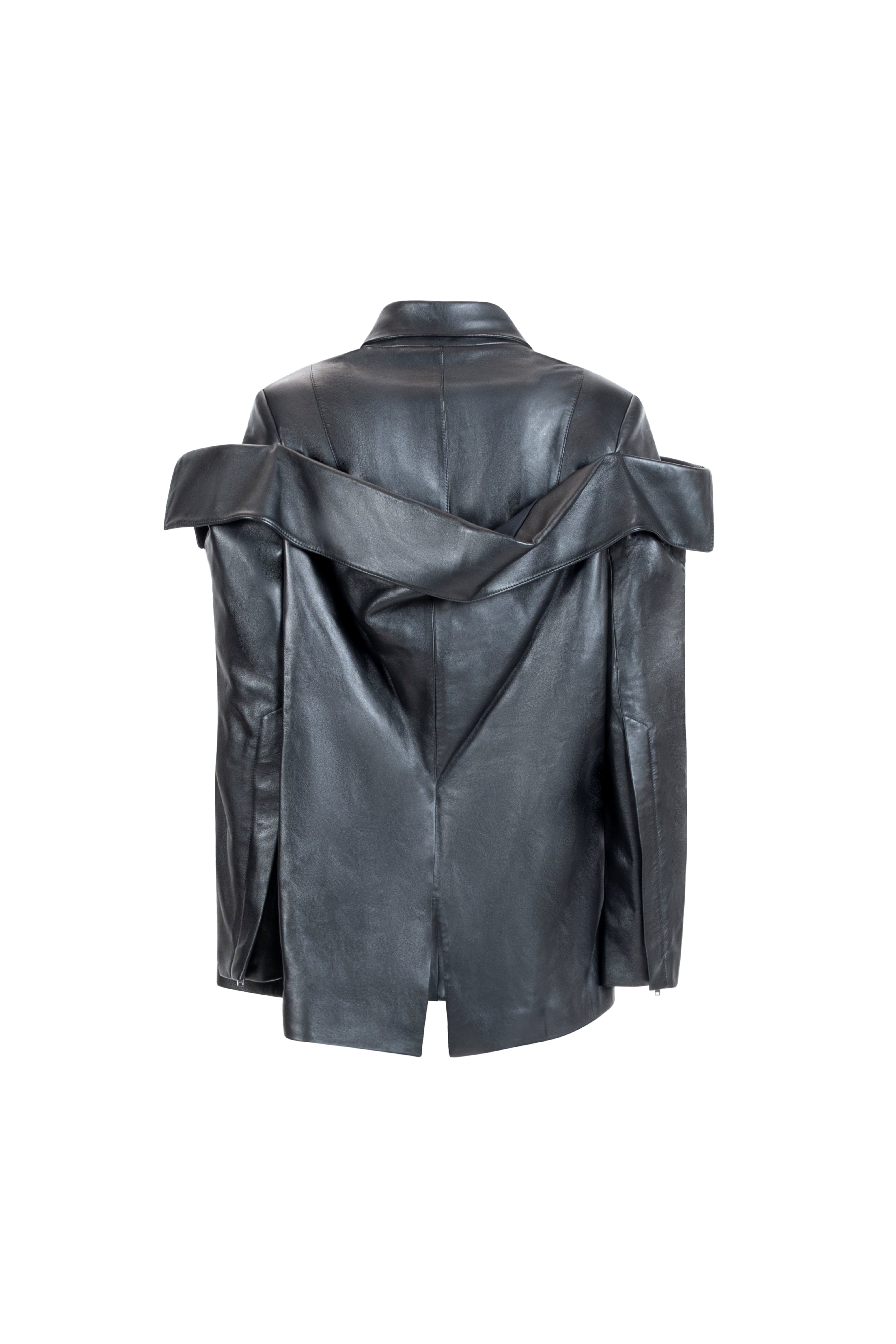Black leather jacket showing folded, cape-like shoulder panels that wrap across the upper back with a rear vent.