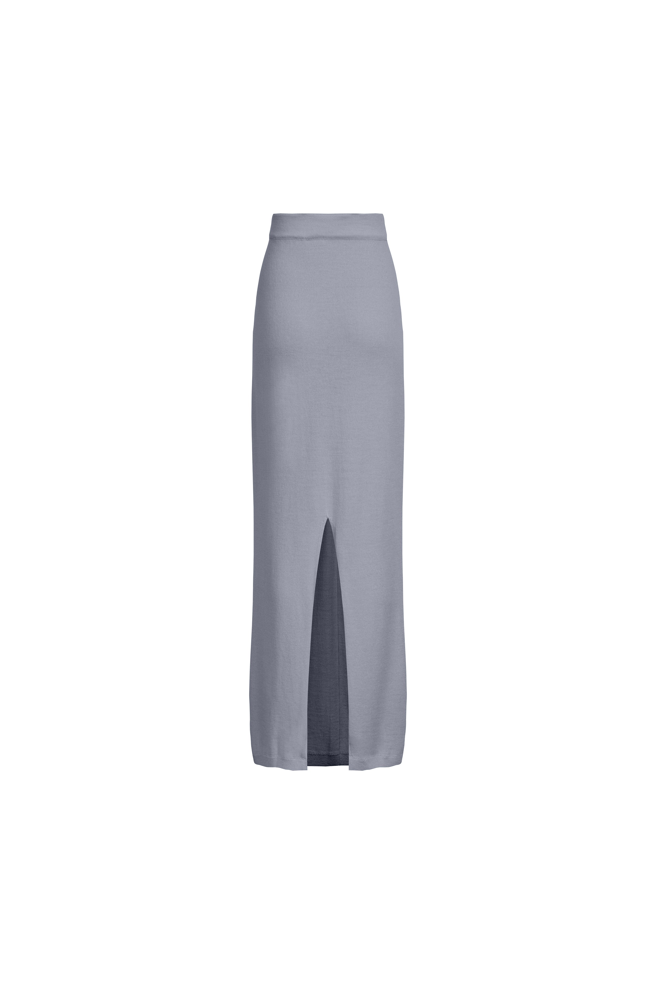 Grey merino planked knit skirt, elongated column silhouette, back view