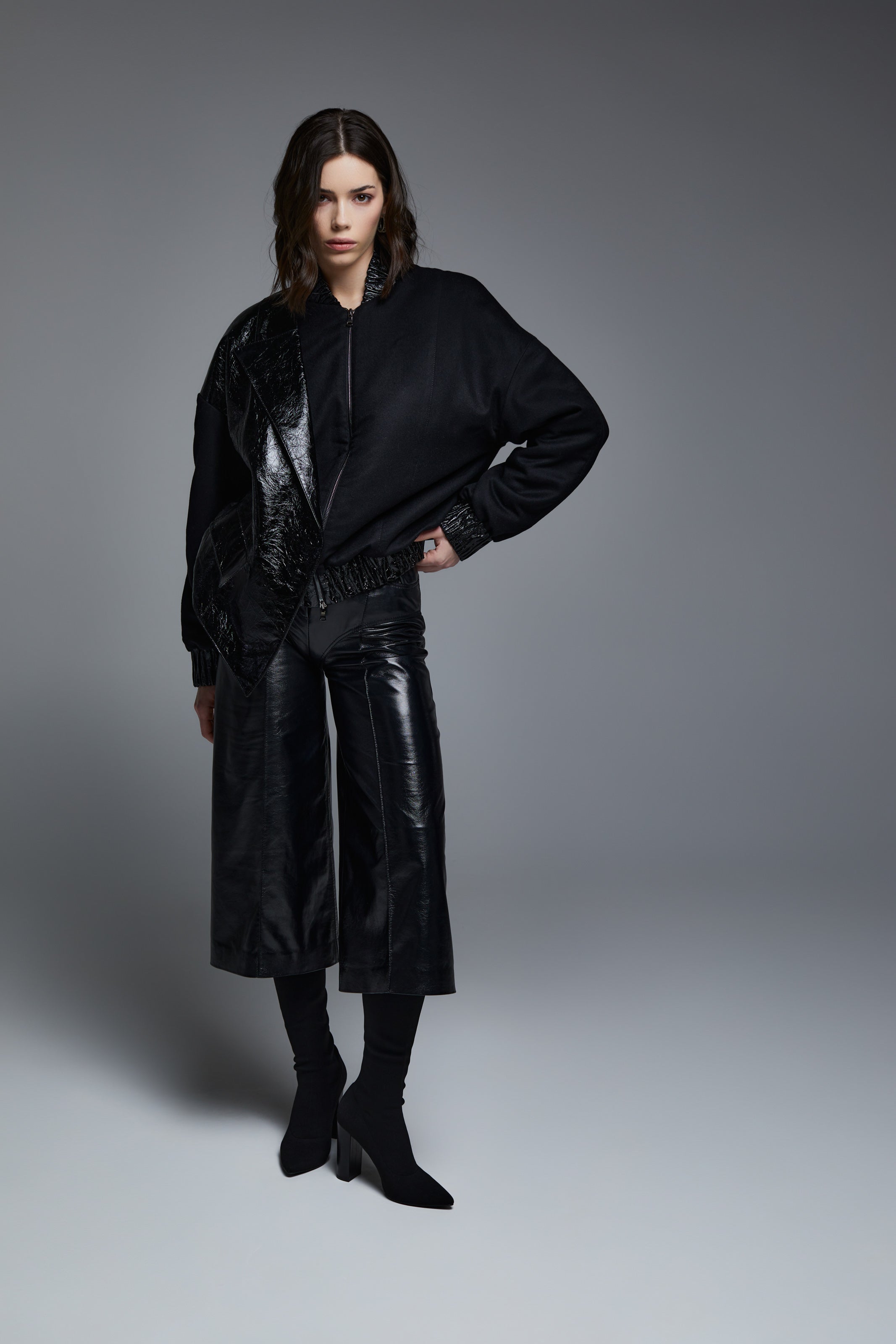 BLACK CASHMERE & LEATHER BOMBER JACKET