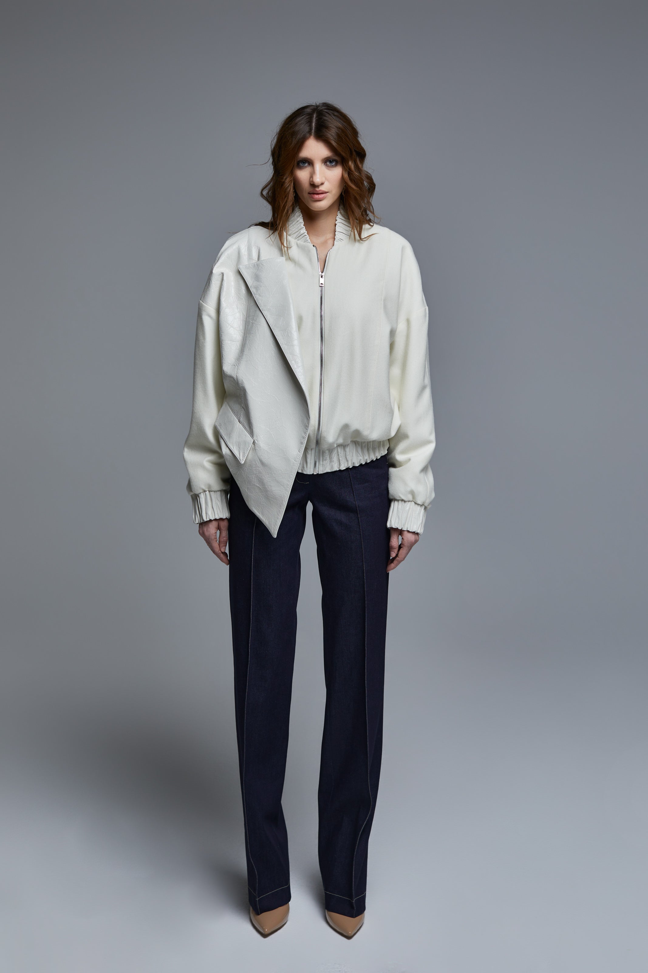 WHITE CASHMERE & LEATHER BOMBER JACKET