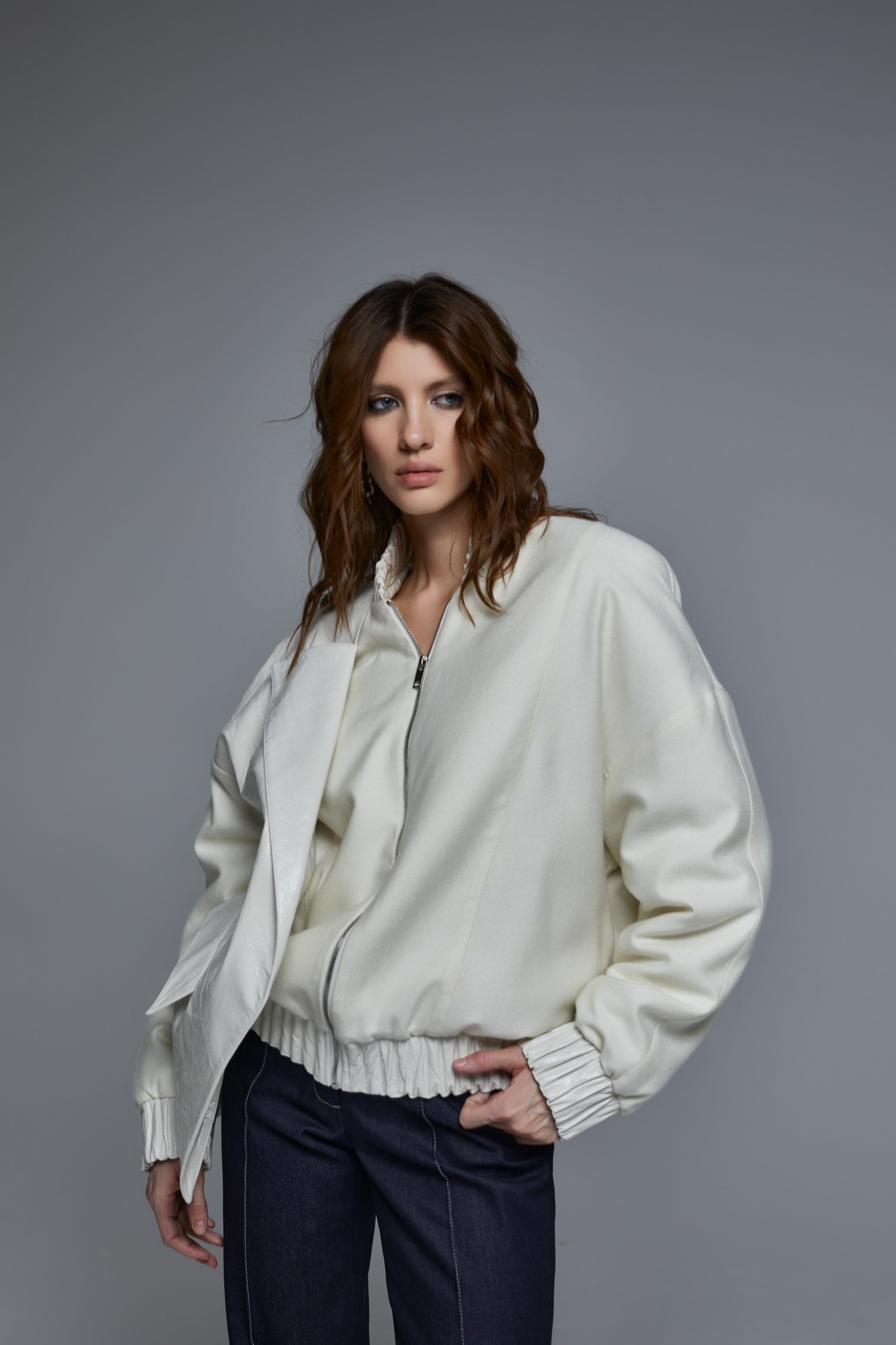 WHITE CASHMERE & LEATHER BOMBER JACKET