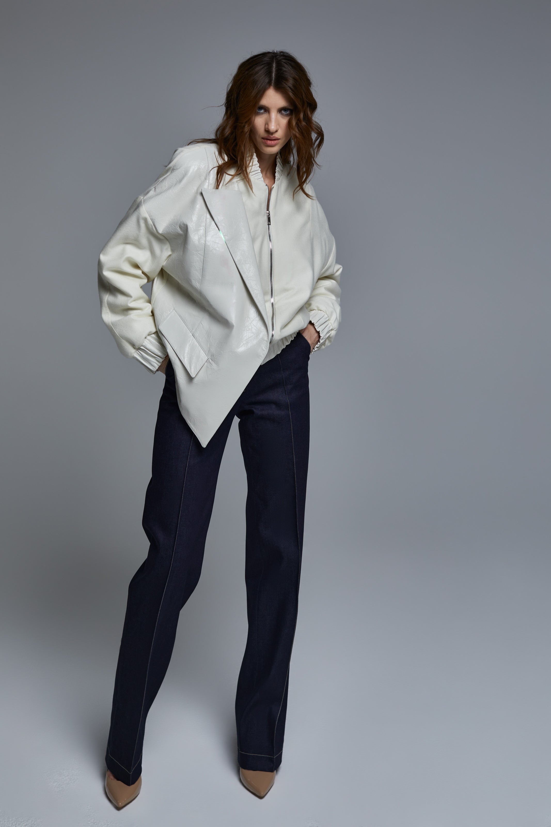 WHITE CASHMERE & LEATHER BOMBER JACKET