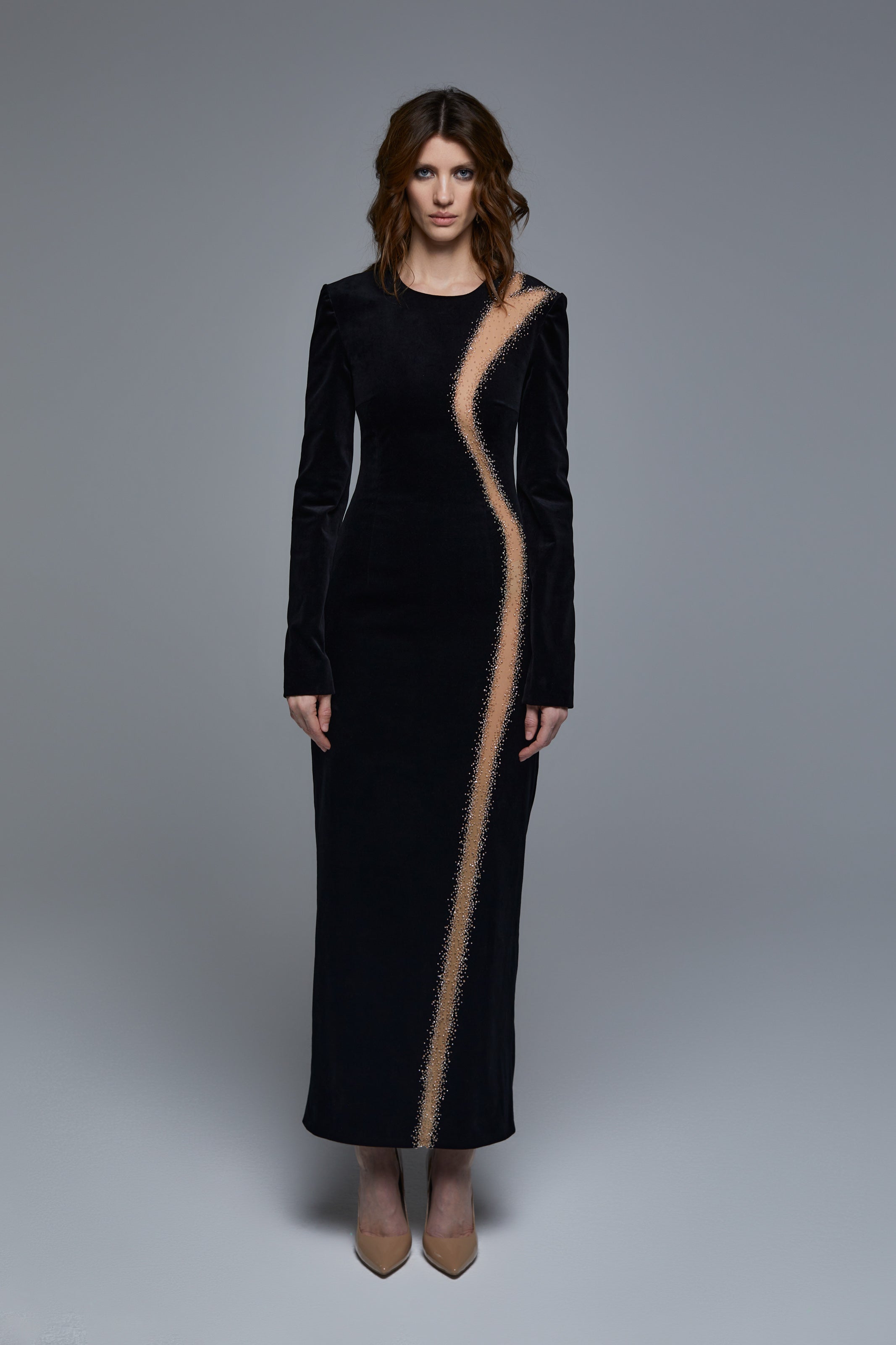 HC VELVET BLACK DRESS WITH LINE SKETCH EMBROIDERY