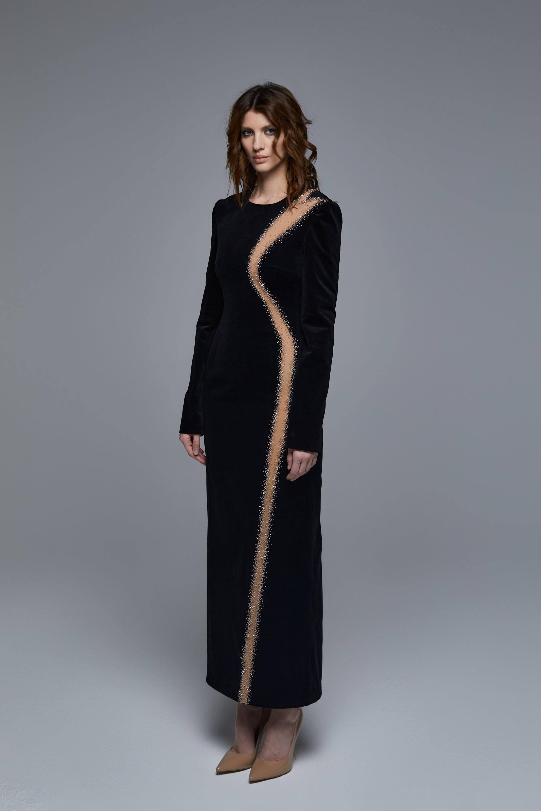 HC VELVET BLACK DRESS WITH LINE SKETCH EMBROIDERY