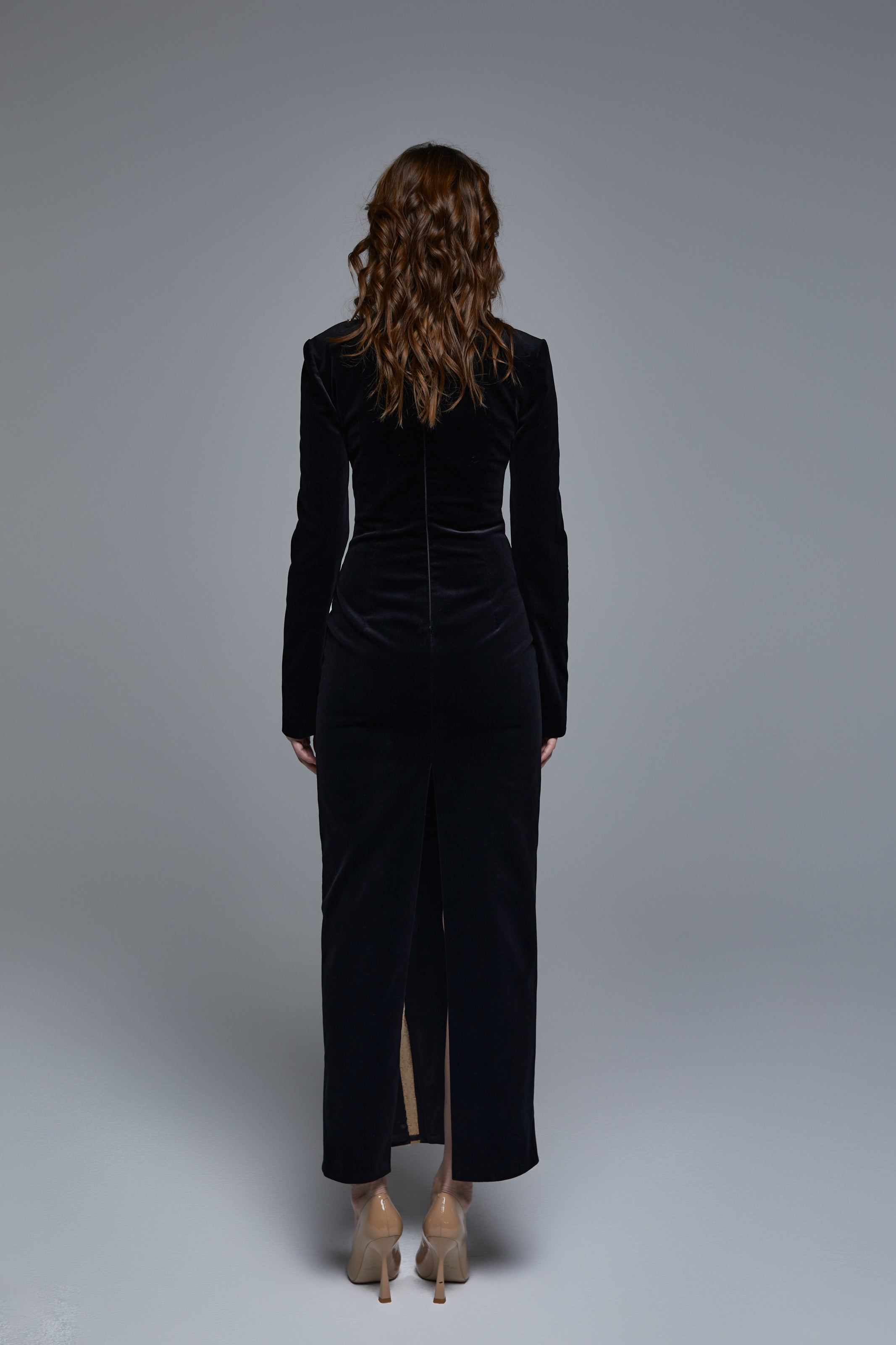 HC VELVET BLACK DRESS WITH LINE SKETCH EMBROIDERY