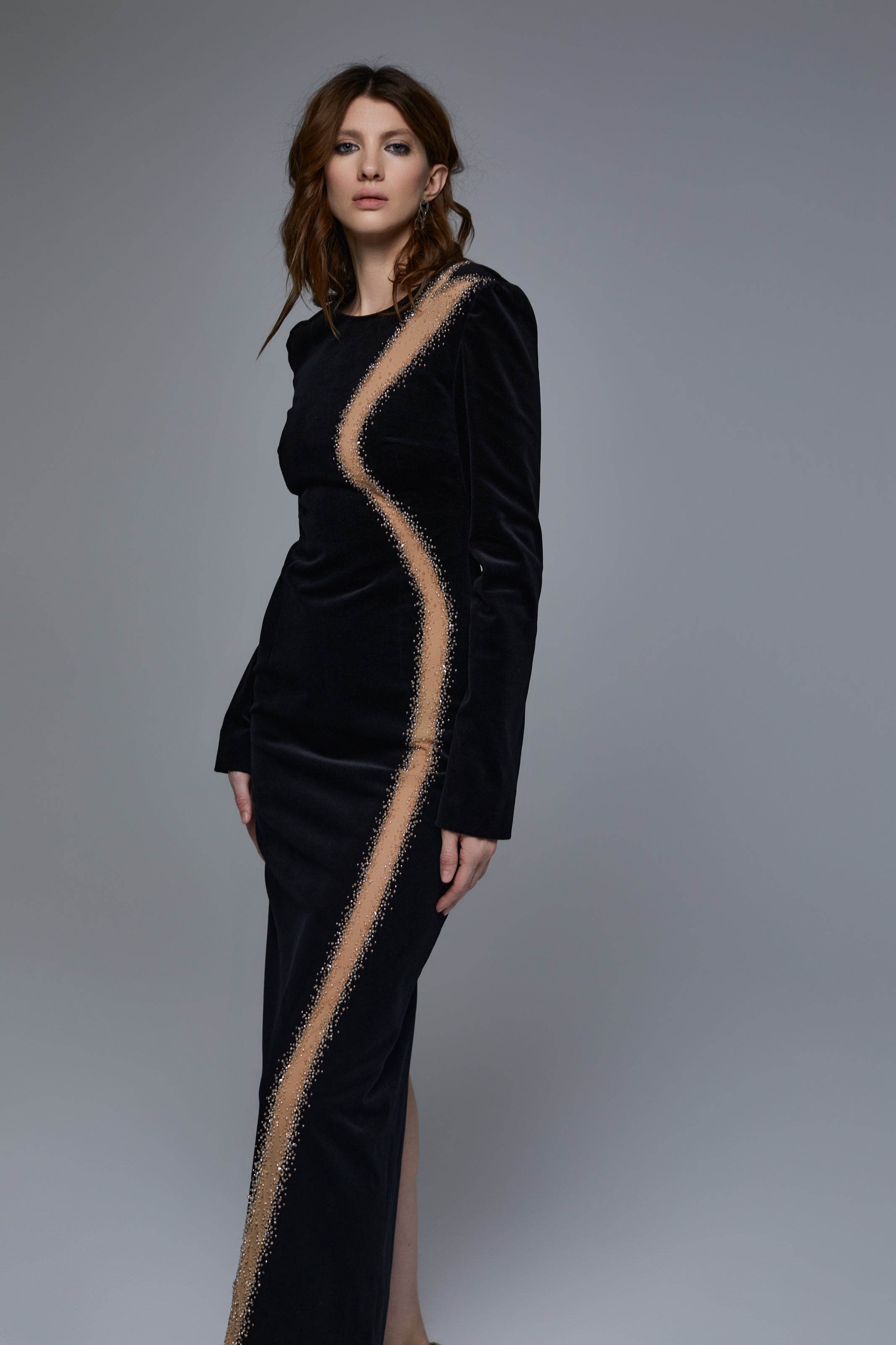 HC VELVET BLACK DRESS WITH LINE SKETCH EMBROIDERY