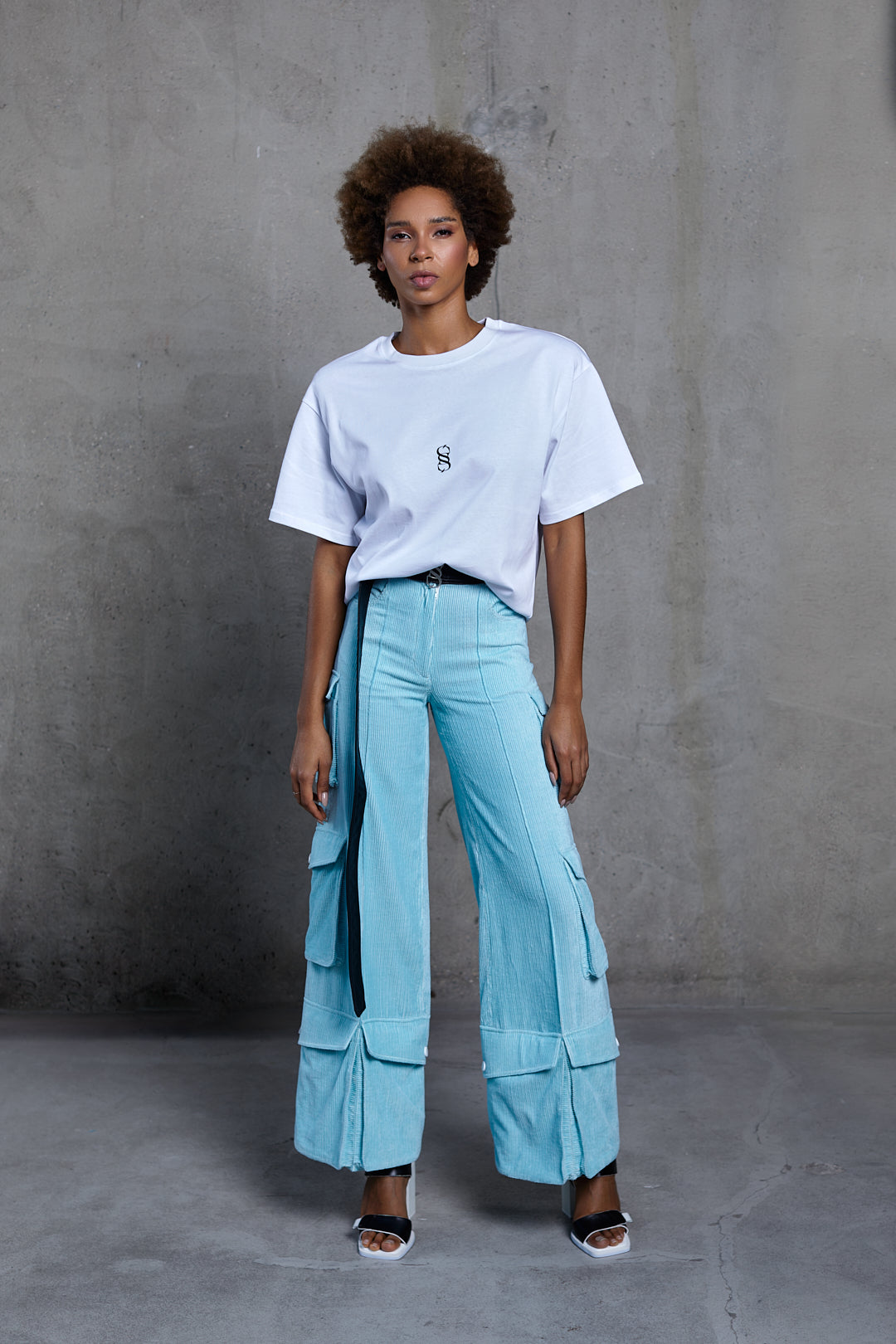 AZURE VELVET MULTICARGO TROUSERS