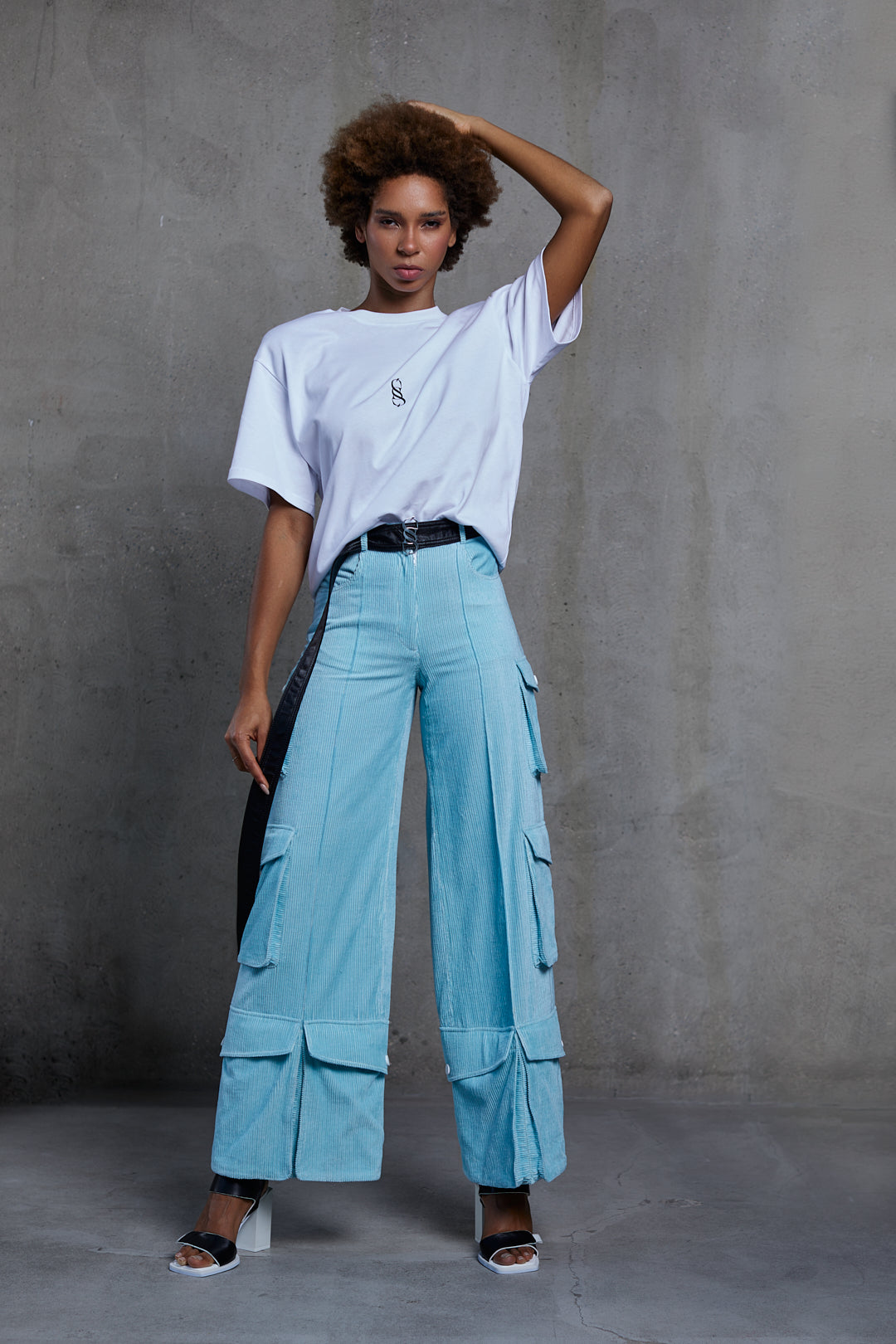 AZURE VELVET MULTICARGO TROUSERS