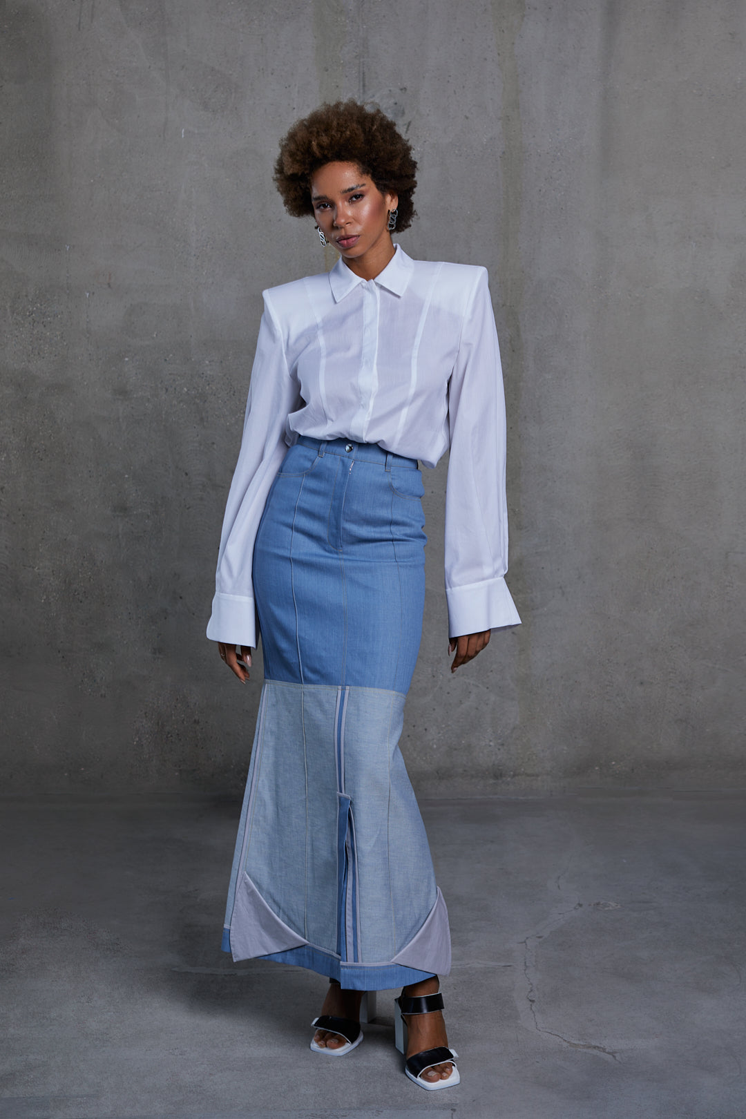 Denim dropped skirt, full front view, mermaid hem