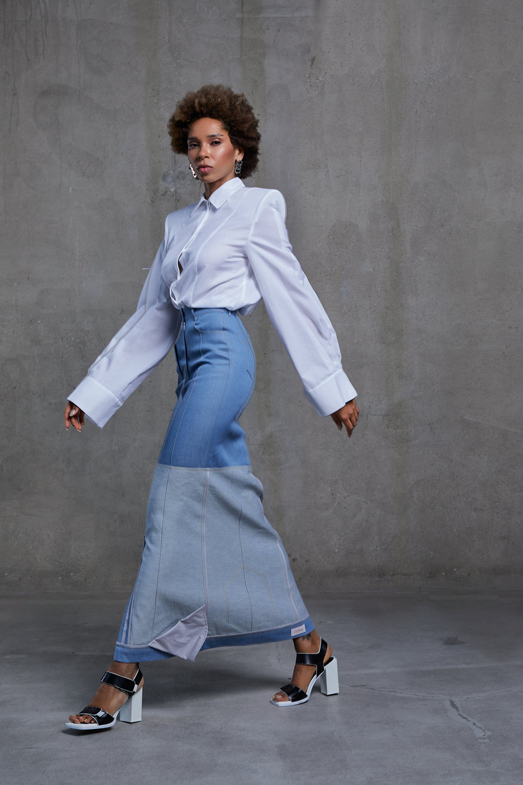 Denim skirt, walking shot, styling on model