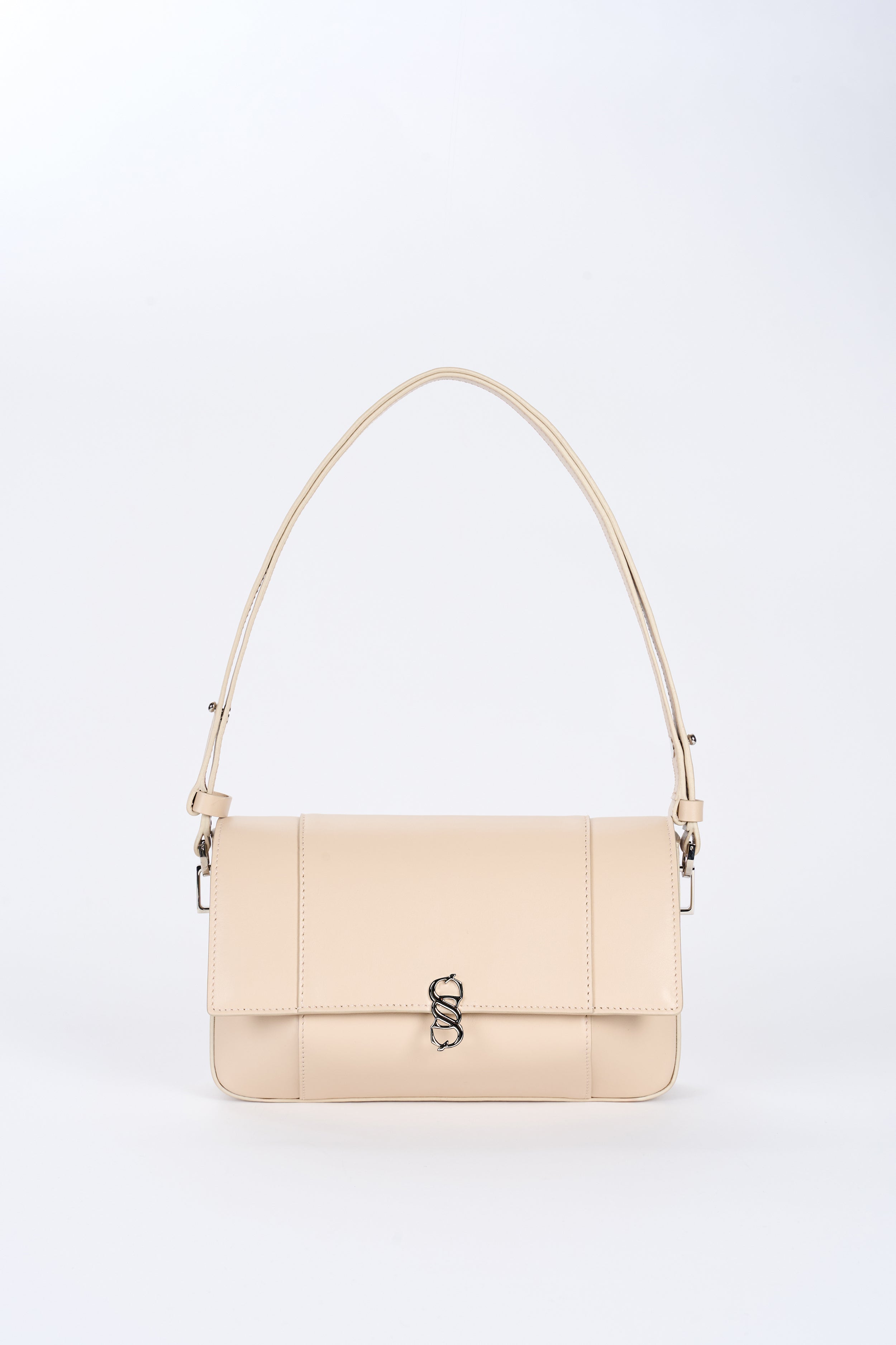 Beige Il Cupola leather bag front view with long shoulder strap and silver-tone logo hardware