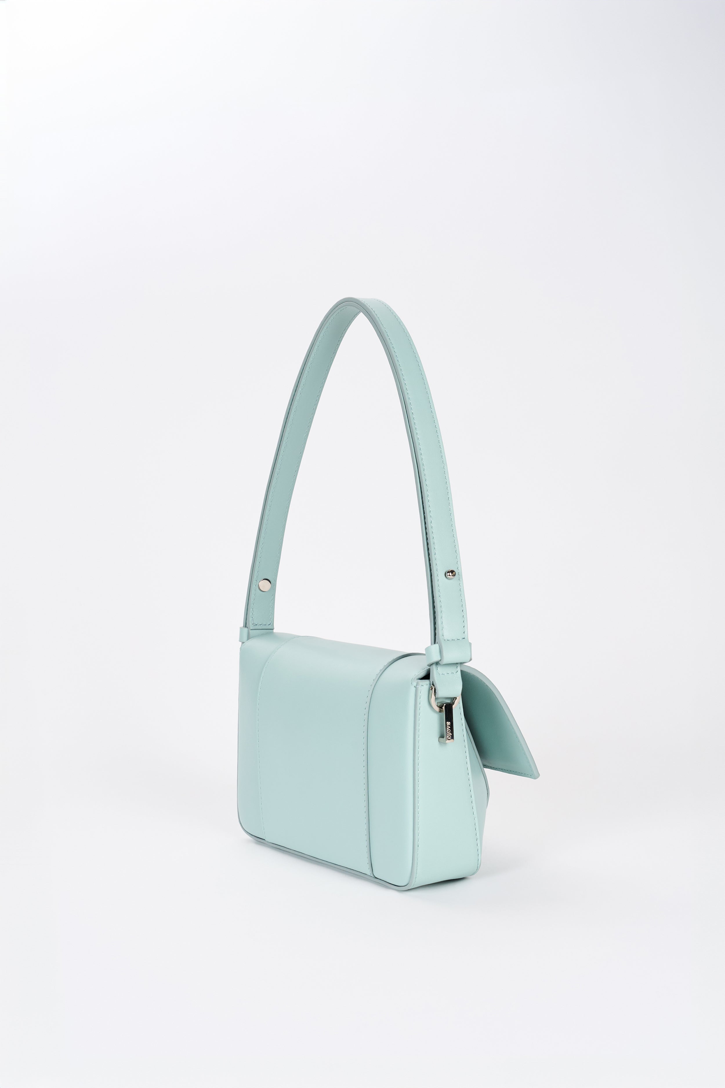 Clear aqua leather shoulder bag side view with structured silhouette and smooth lambskin finish