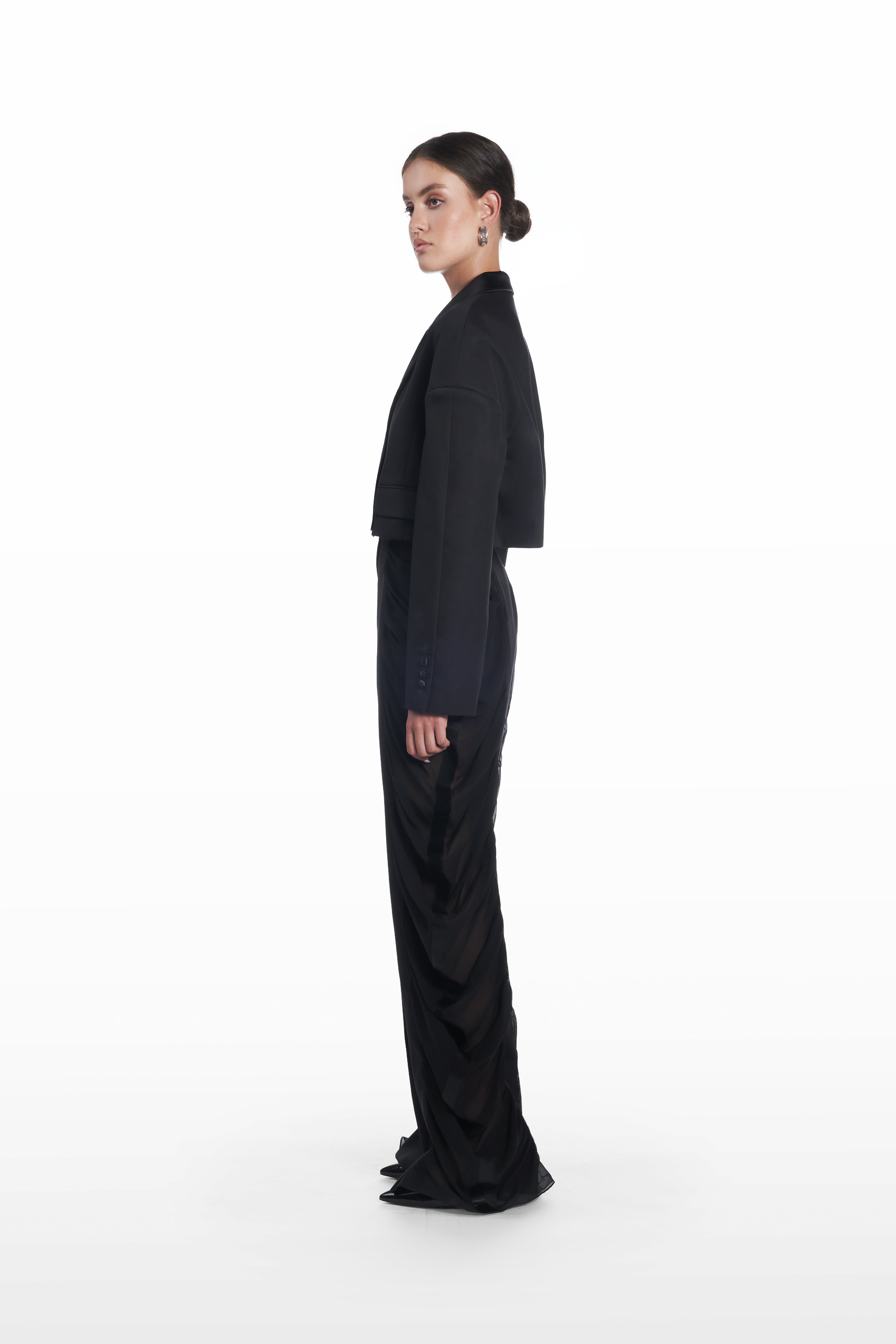 Falling Shoulders Crop Jacket in black, side view showing clean tailoring and structured cropped cut