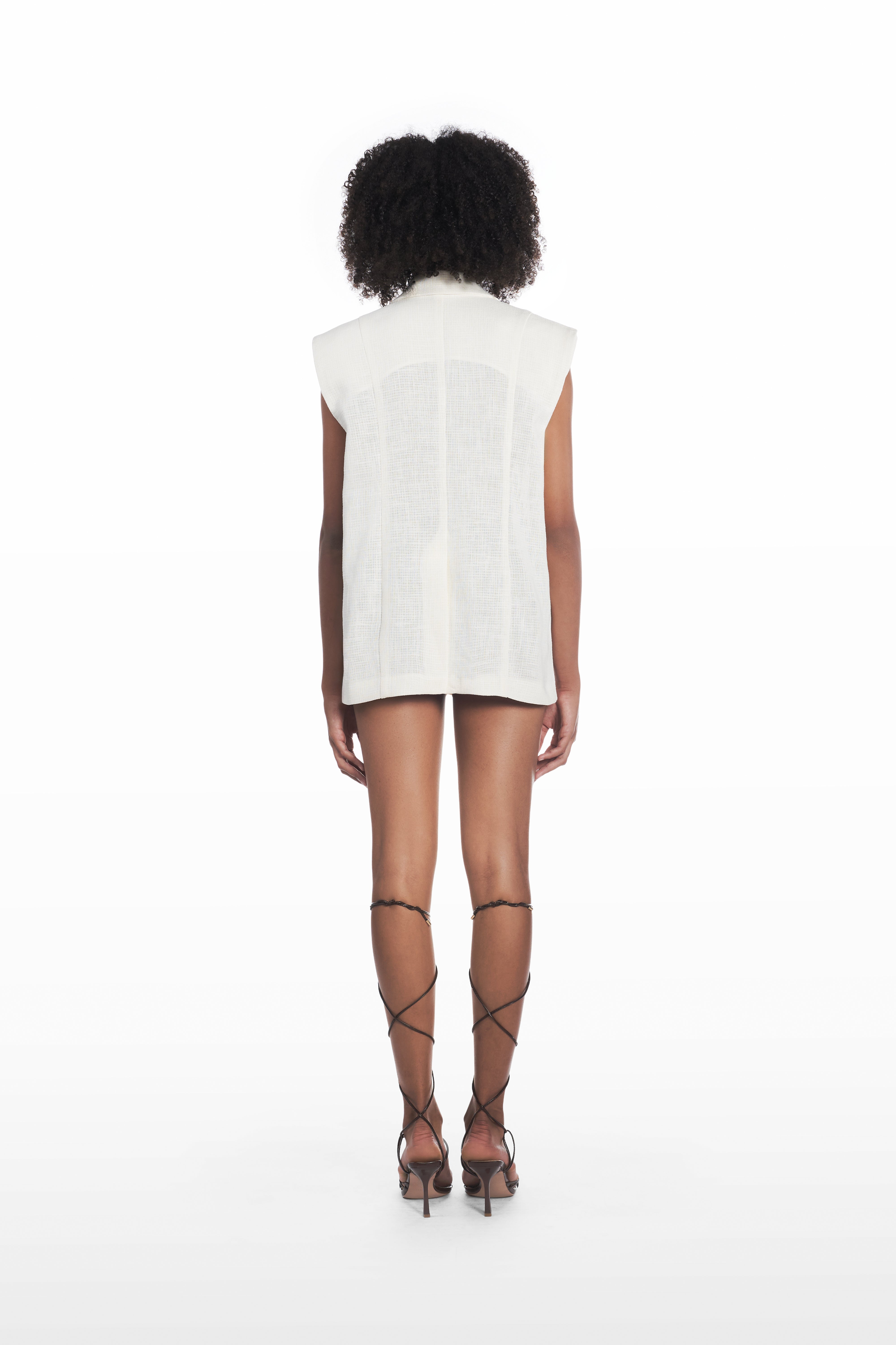 Oversize Mesh West in off-white breathable mesh fabric, elongated sleeveless vest, back view