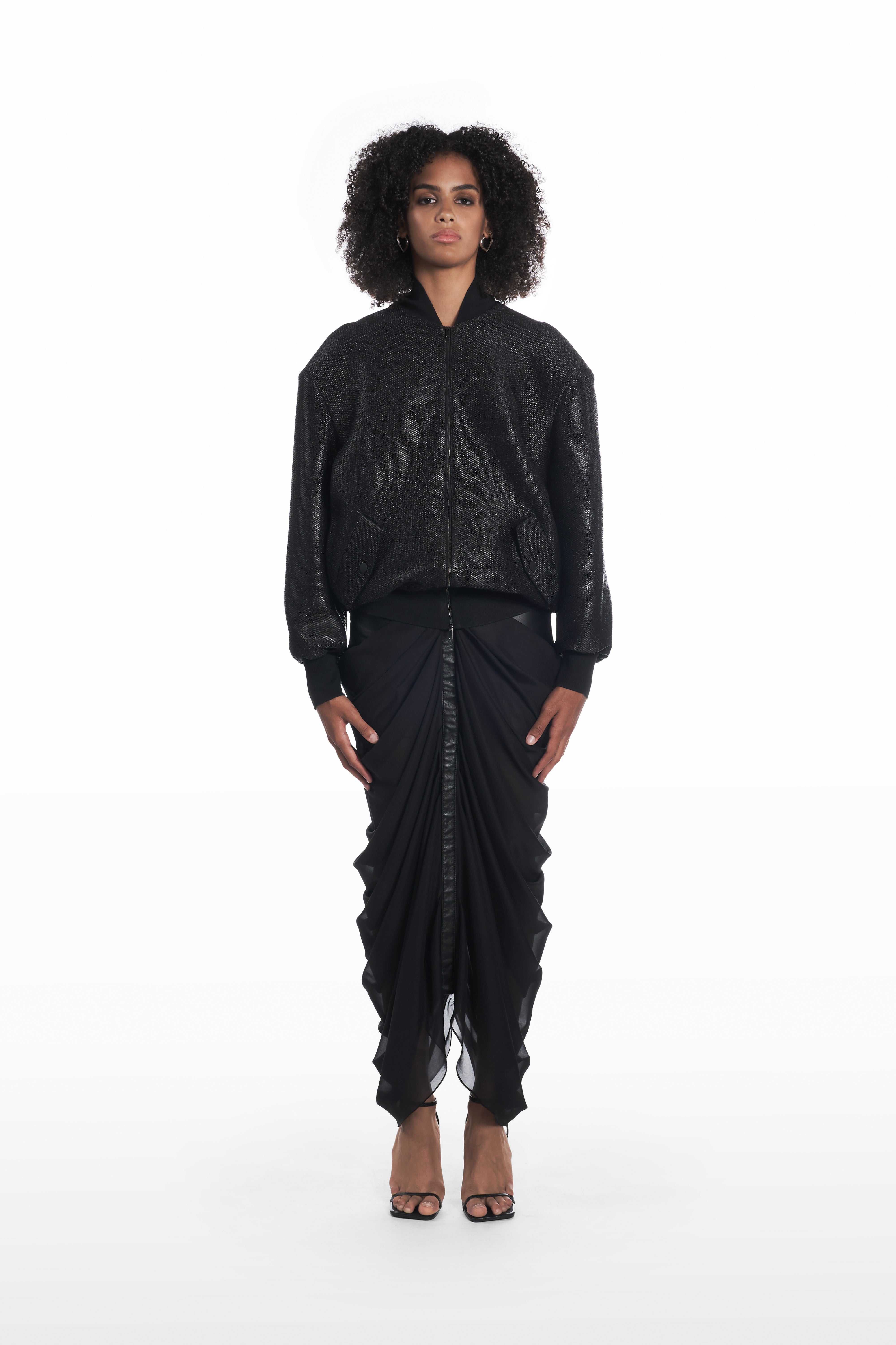 Oversize Raffia Bomber in black, front view with oversized silhouette and textured raffia finish