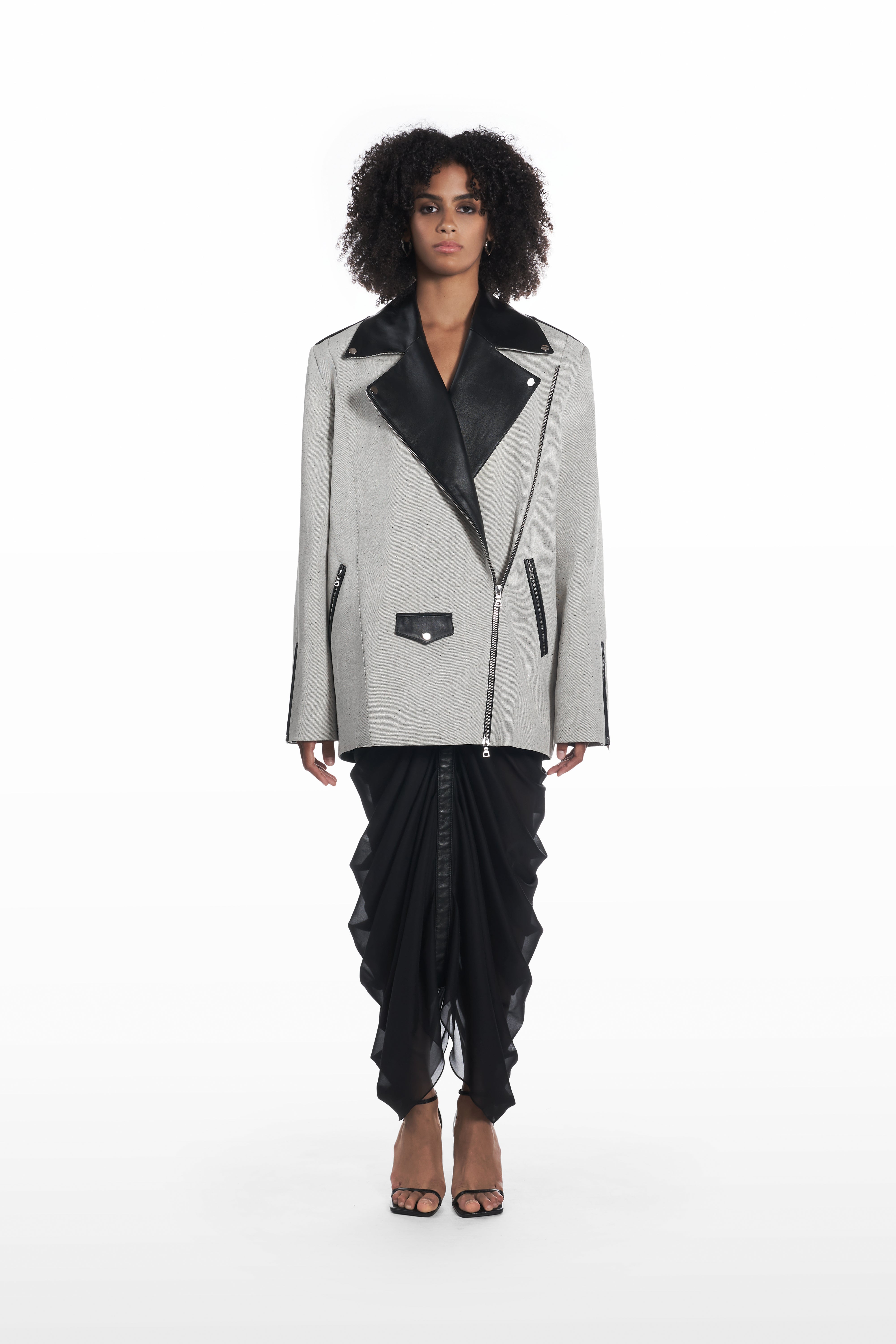Oversize Leather Denim Jacket in grey and black, front view