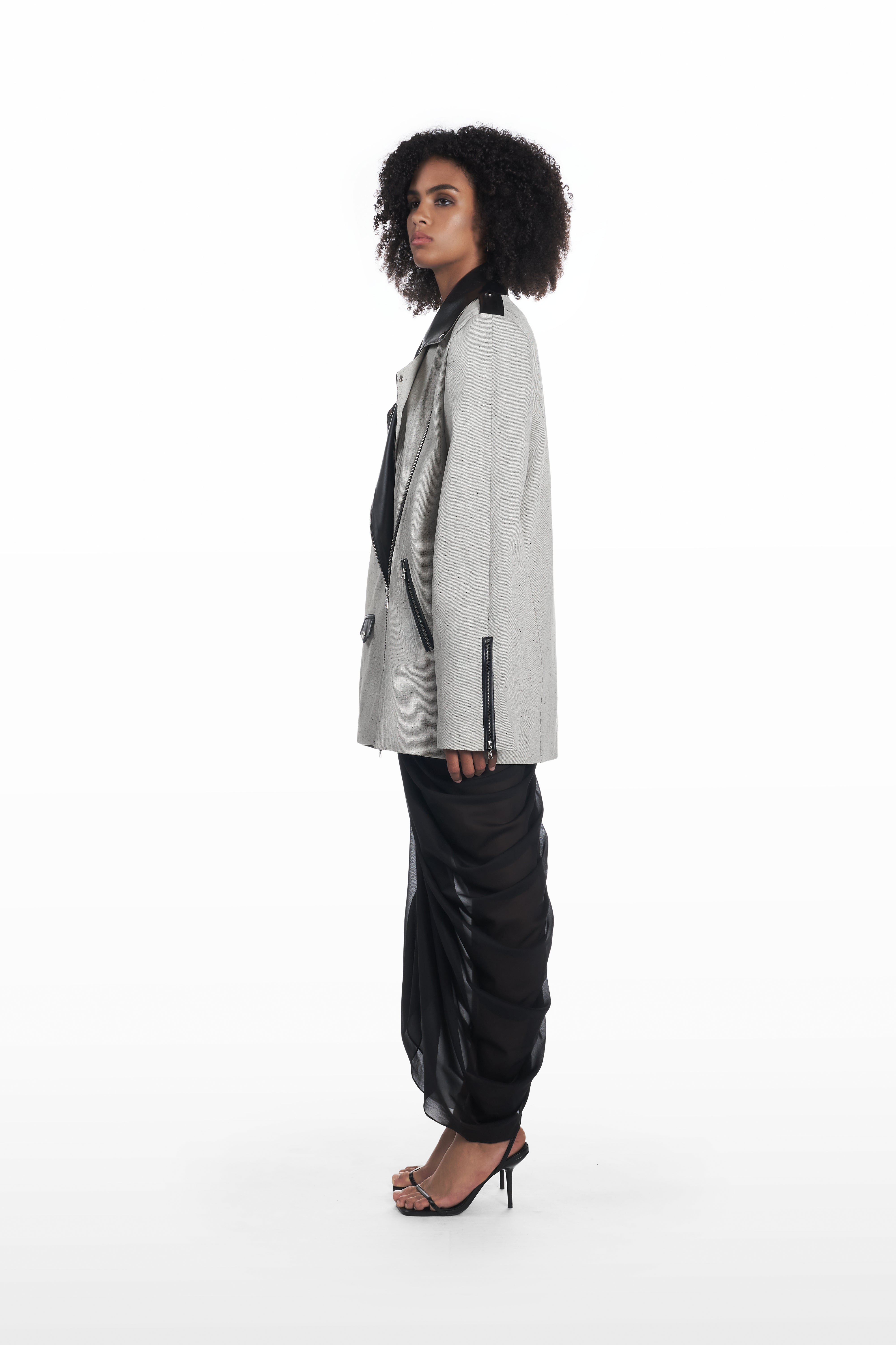 Oversize Leather Denim Jacket in grey and black, side view