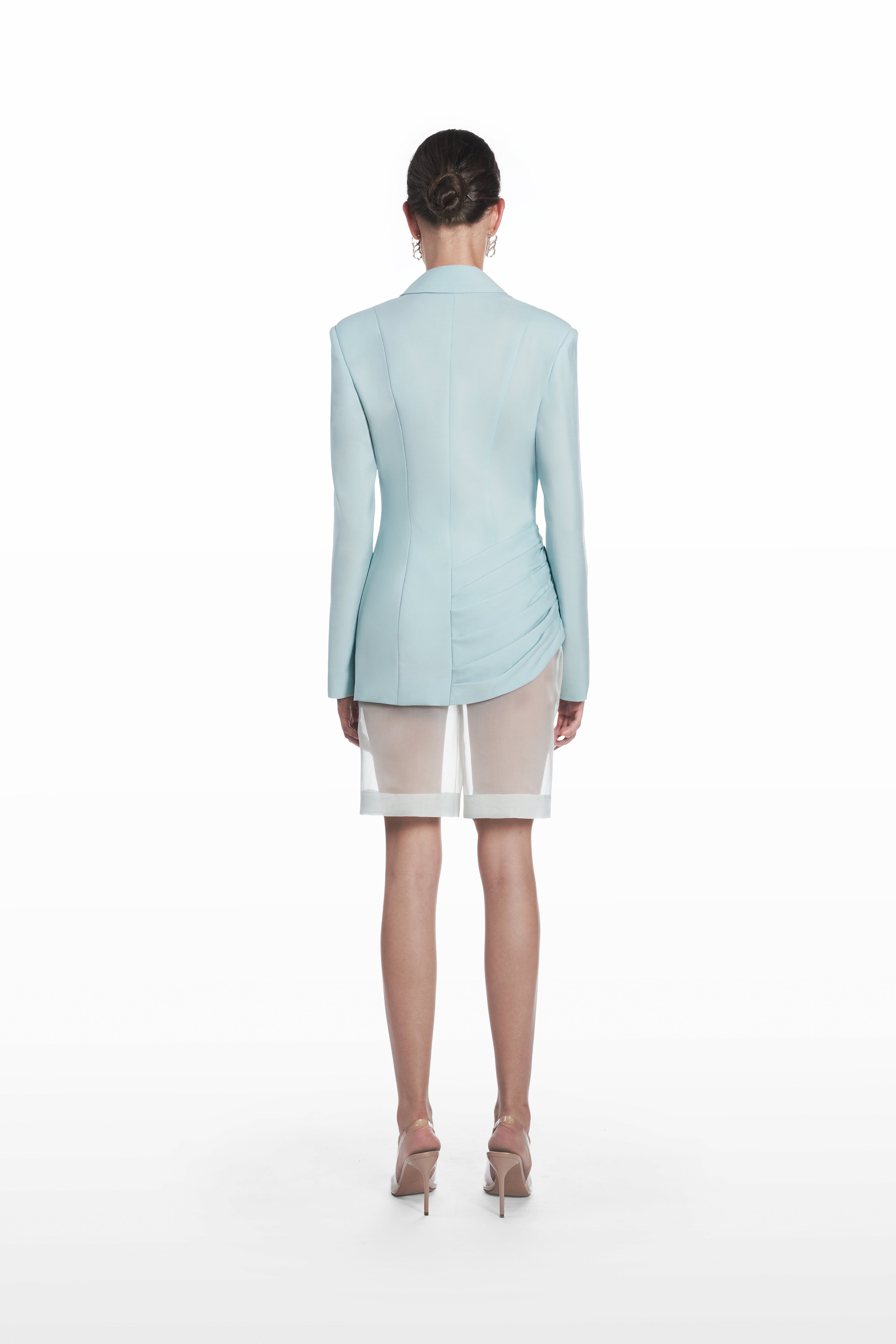 Palla Classic Blazer in light blue virgin wool, back view with structured shoulders and fitted architectural line
