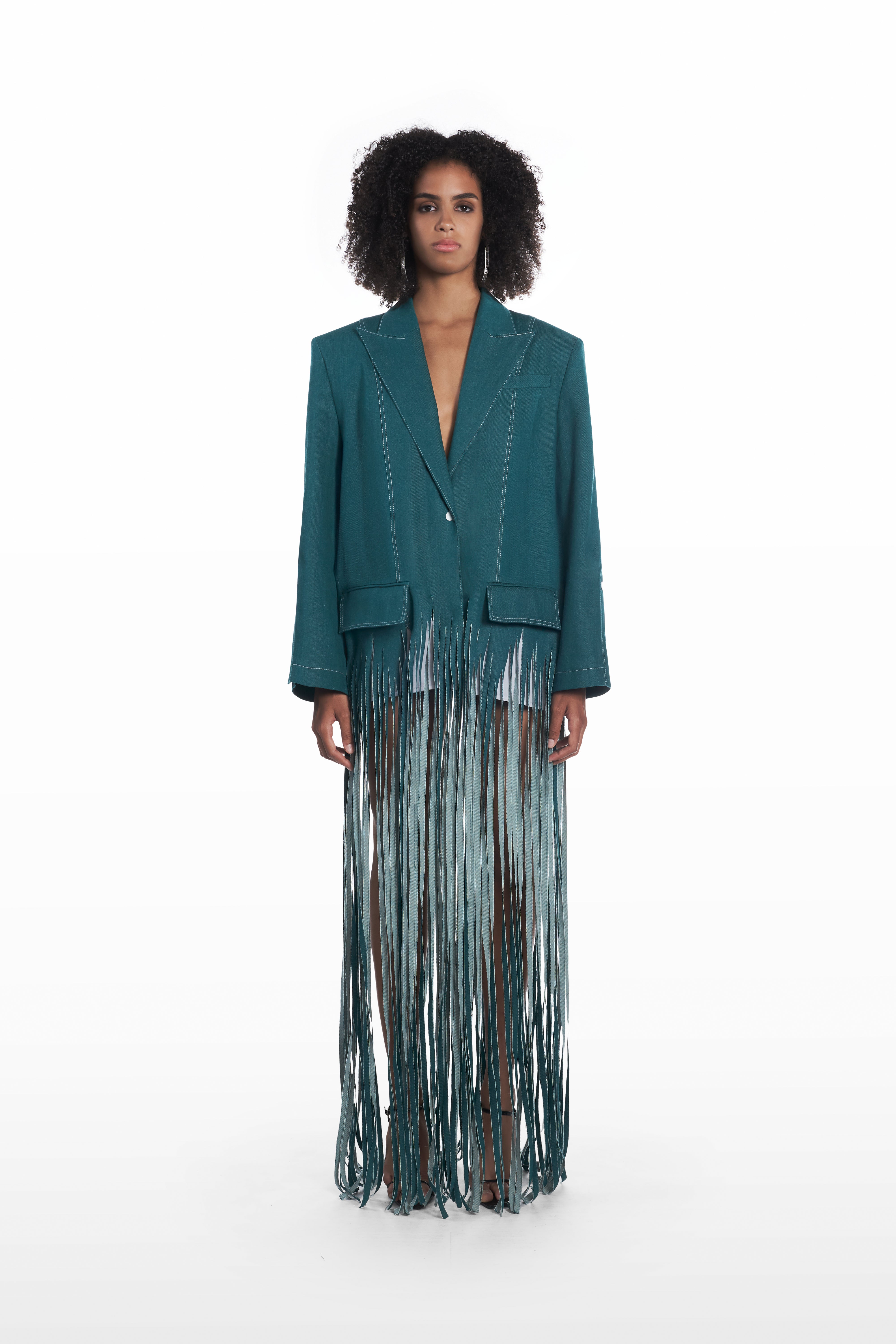 Oversize fringe denim coat in teal, front view with long fringe hem and oversized silhouette
