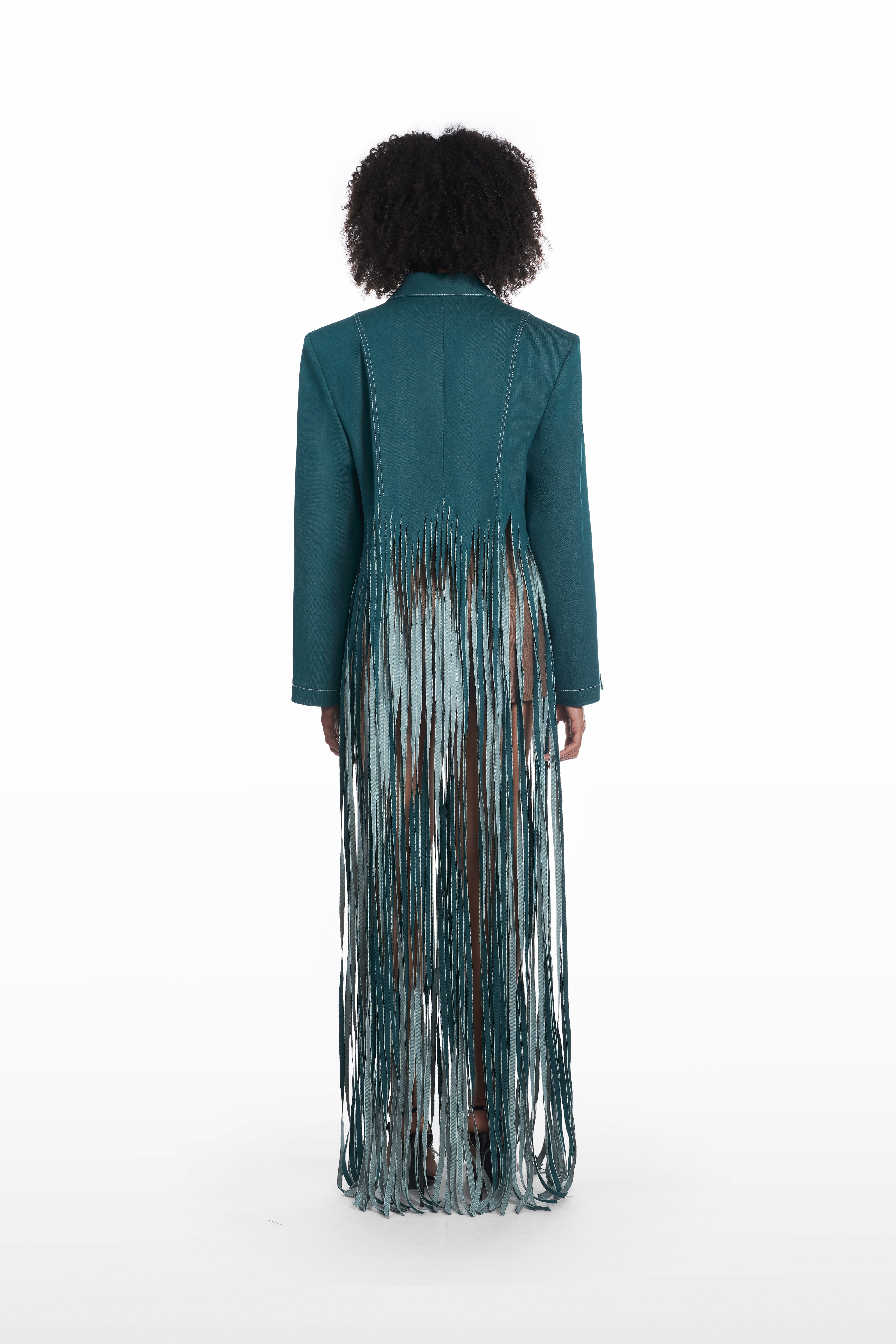Oversize fringe denim coat in teal, back view with cascading fringe and oversized tailored shape
