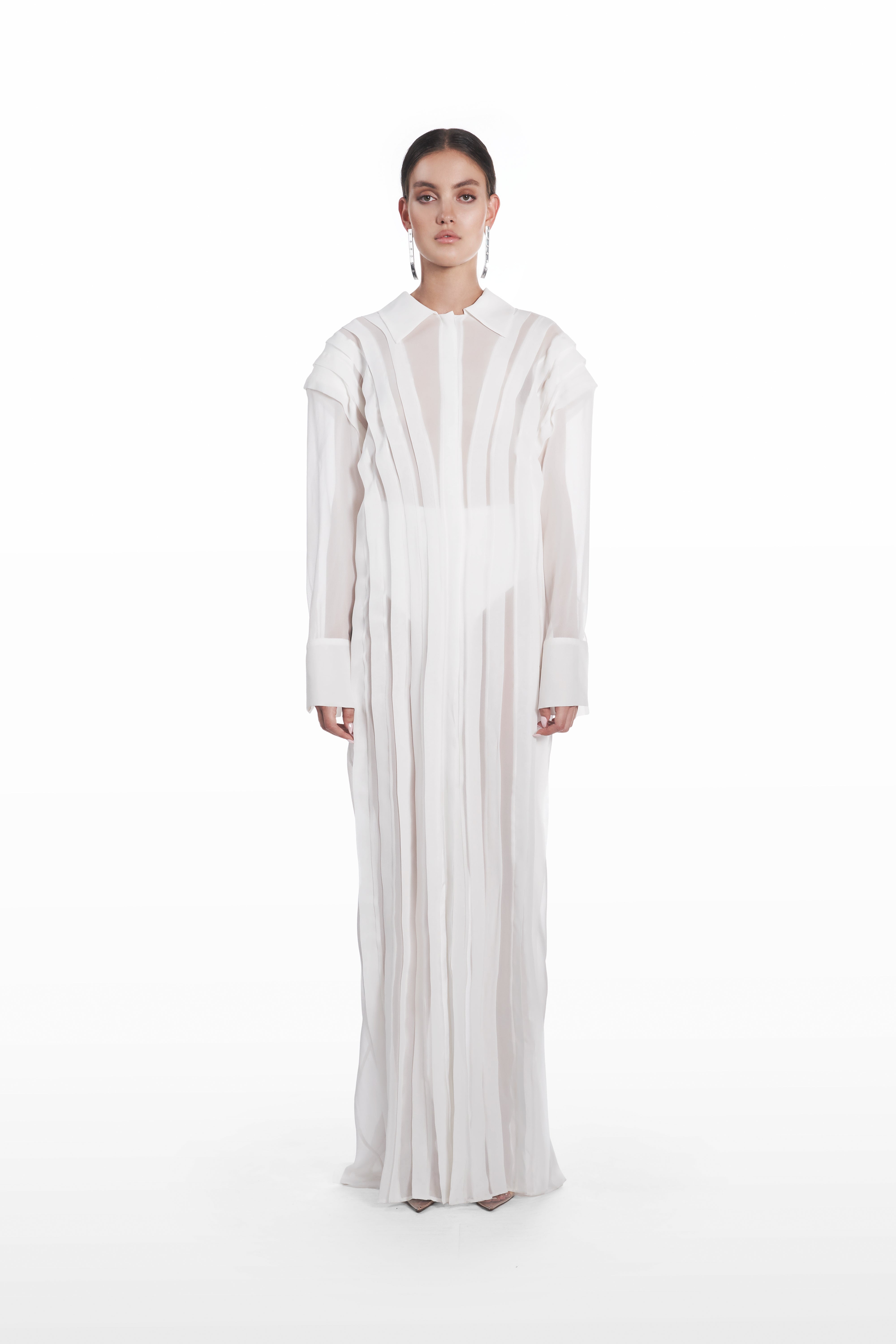Long Transparent Plank Dress in White, front view, sheer full-length silk dress with transparent vertical planks, fluid silhouette and structured collar
