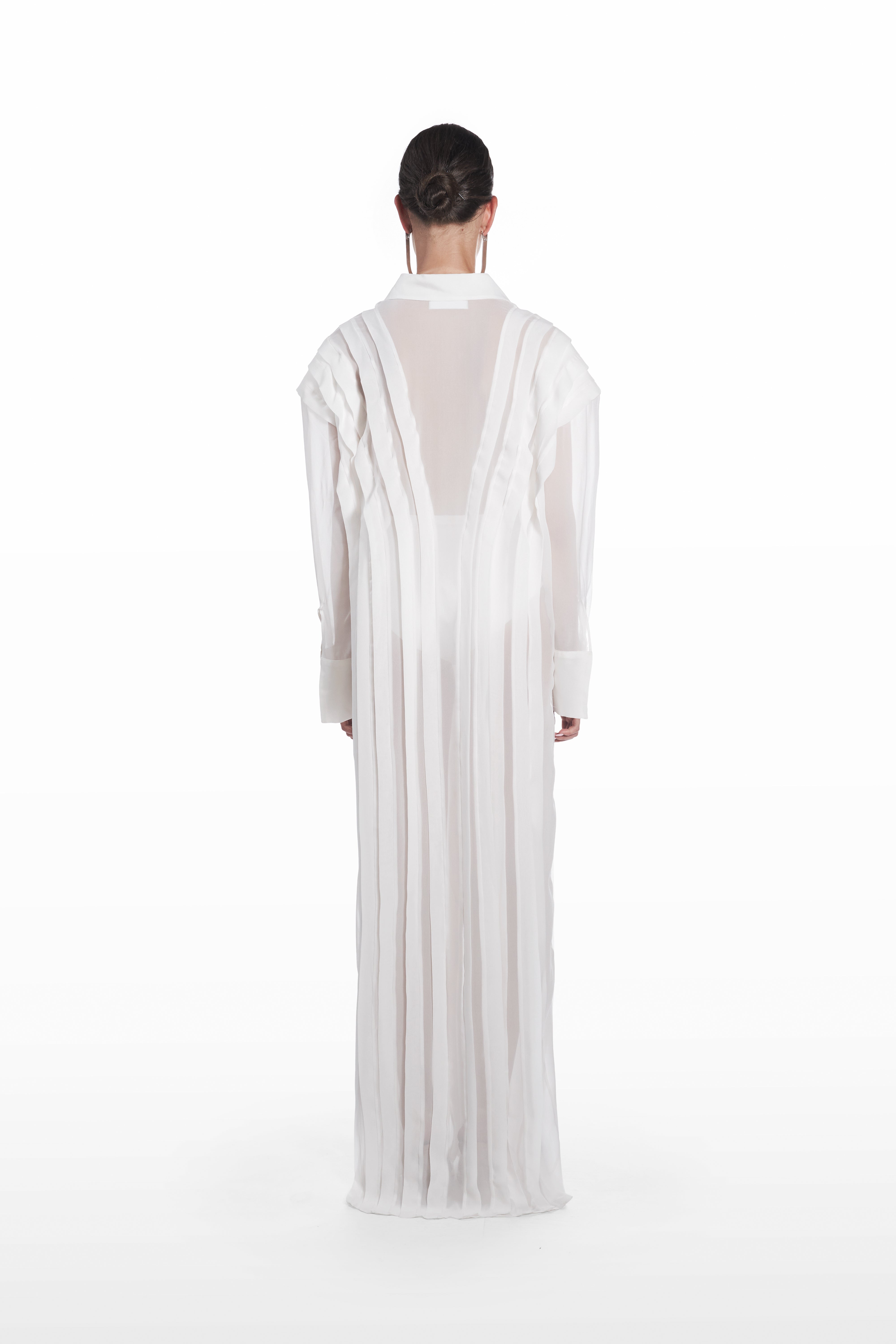 Long Transparent Plank Dress in White, back view, full-length sheer silk dress with transparent plank detailing, flowing column silhouette and architectural back line
