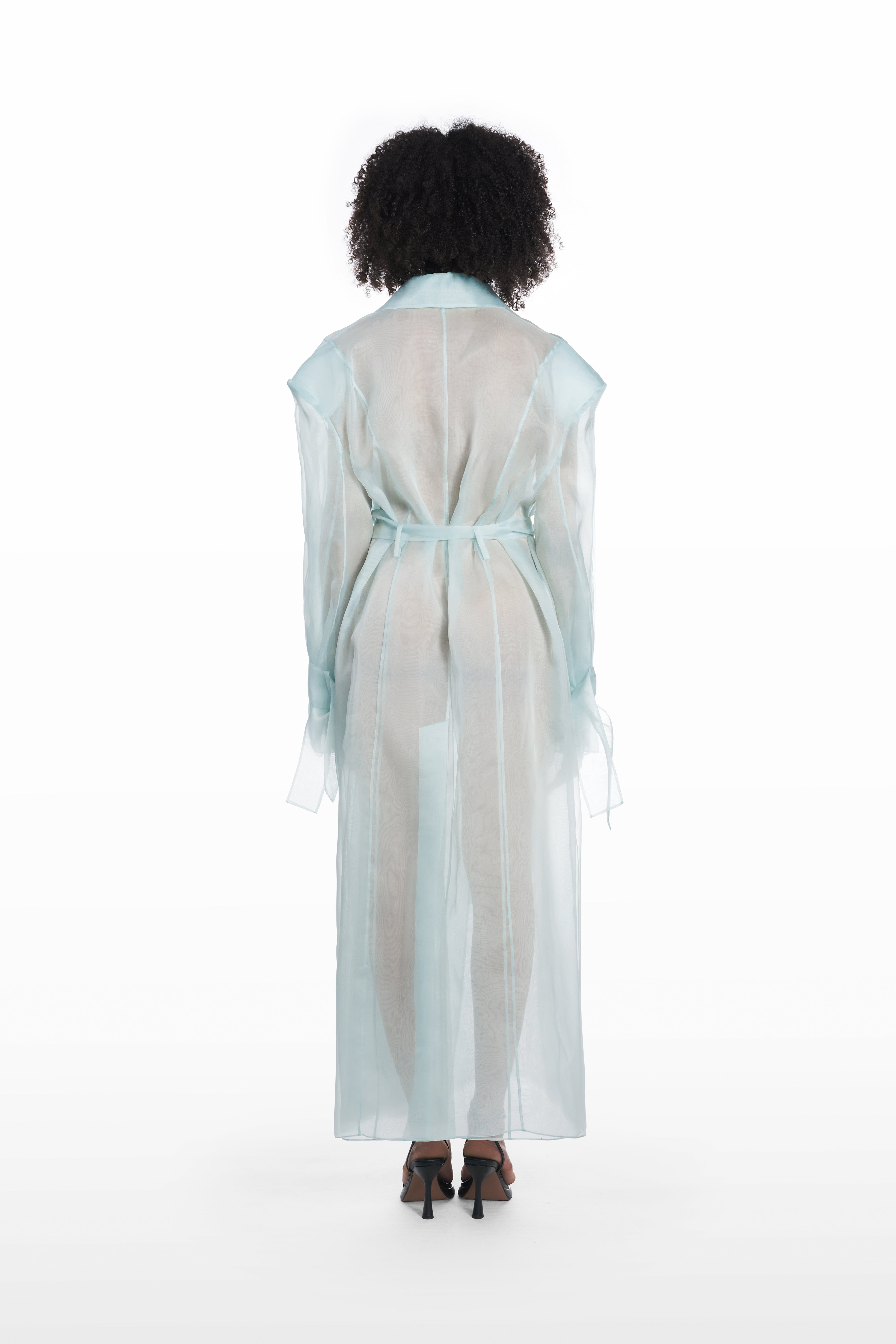 Classic double organza trench in clear aqua, back view with sheer silk organza construction and long belted shape