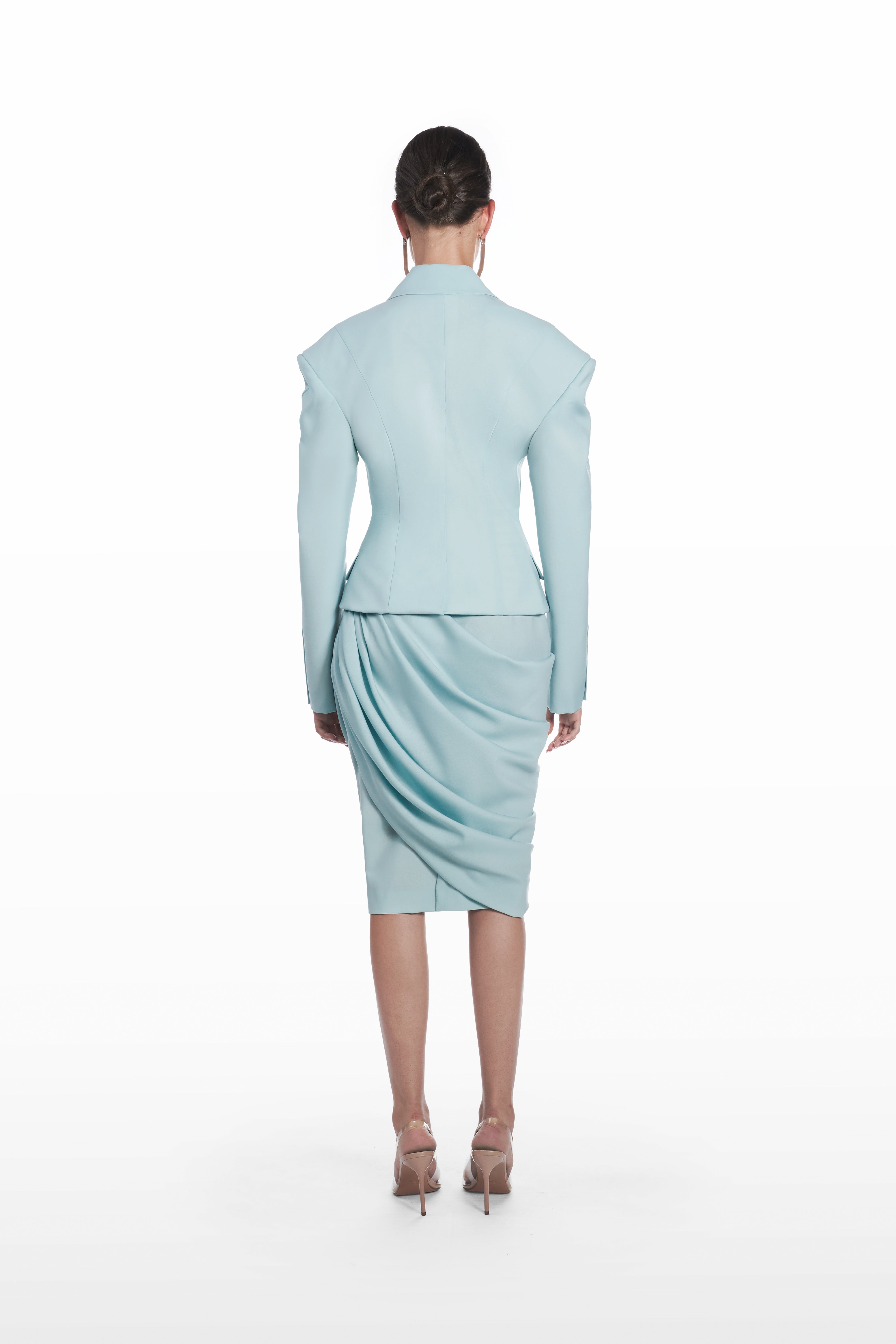 Pencil Palla Skirt in clear aqua, back view with tailored pencil silhouette and draped back detail