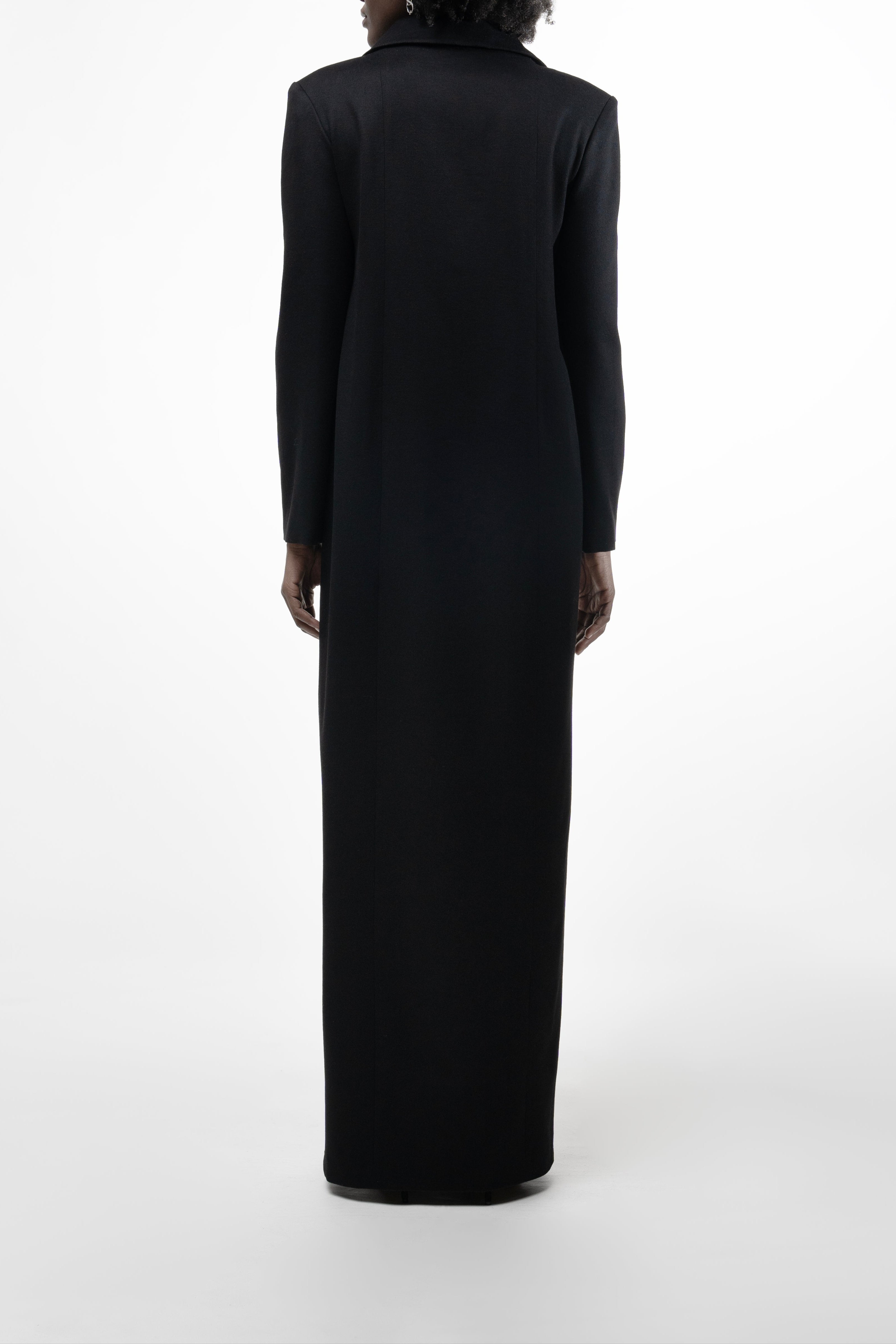 Long Placket Dress in Black on model, full back view showing floor-length hem and collar.
