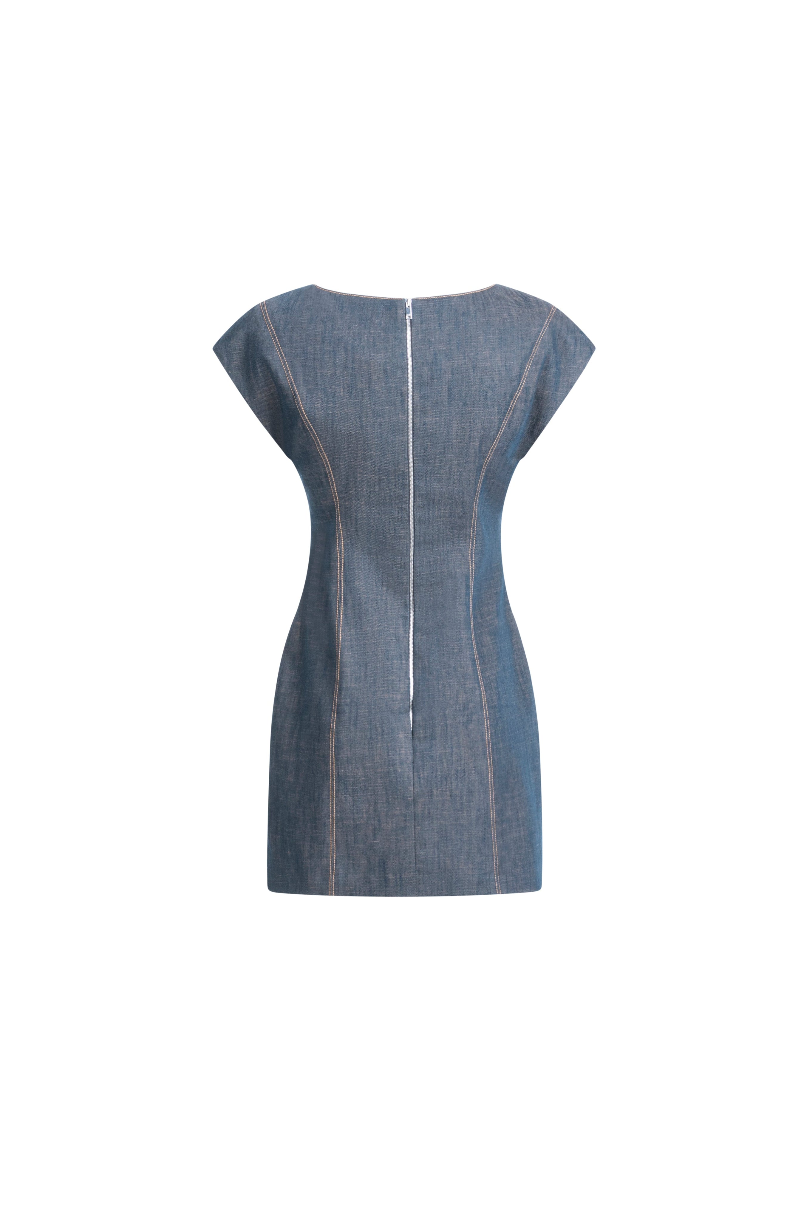 Women's light blue denim mini dress with zip-back and sculpted seams, back view