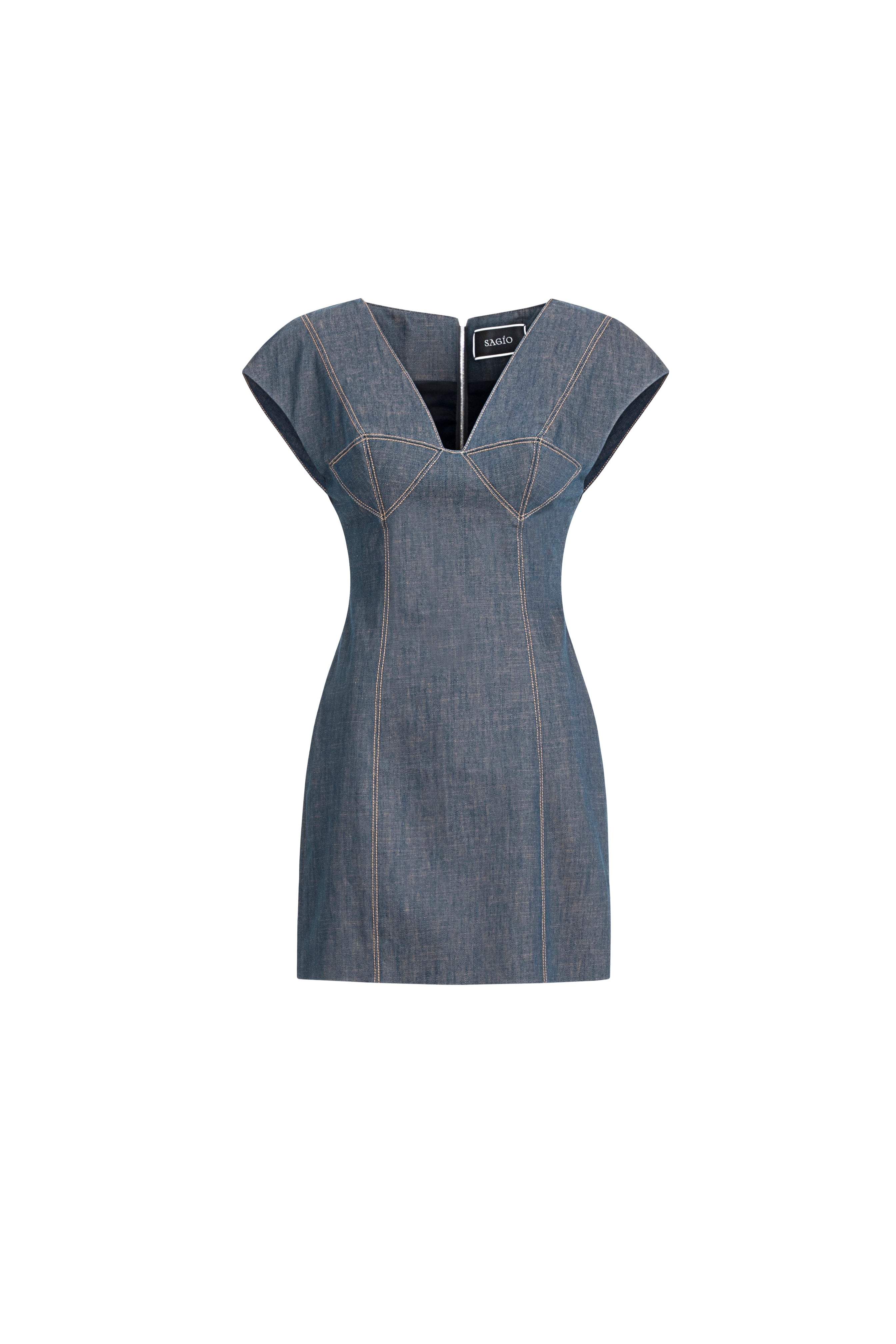 Women's light blue denim mini dress with V-neck, cap sleeves and contrast topstitching, front view