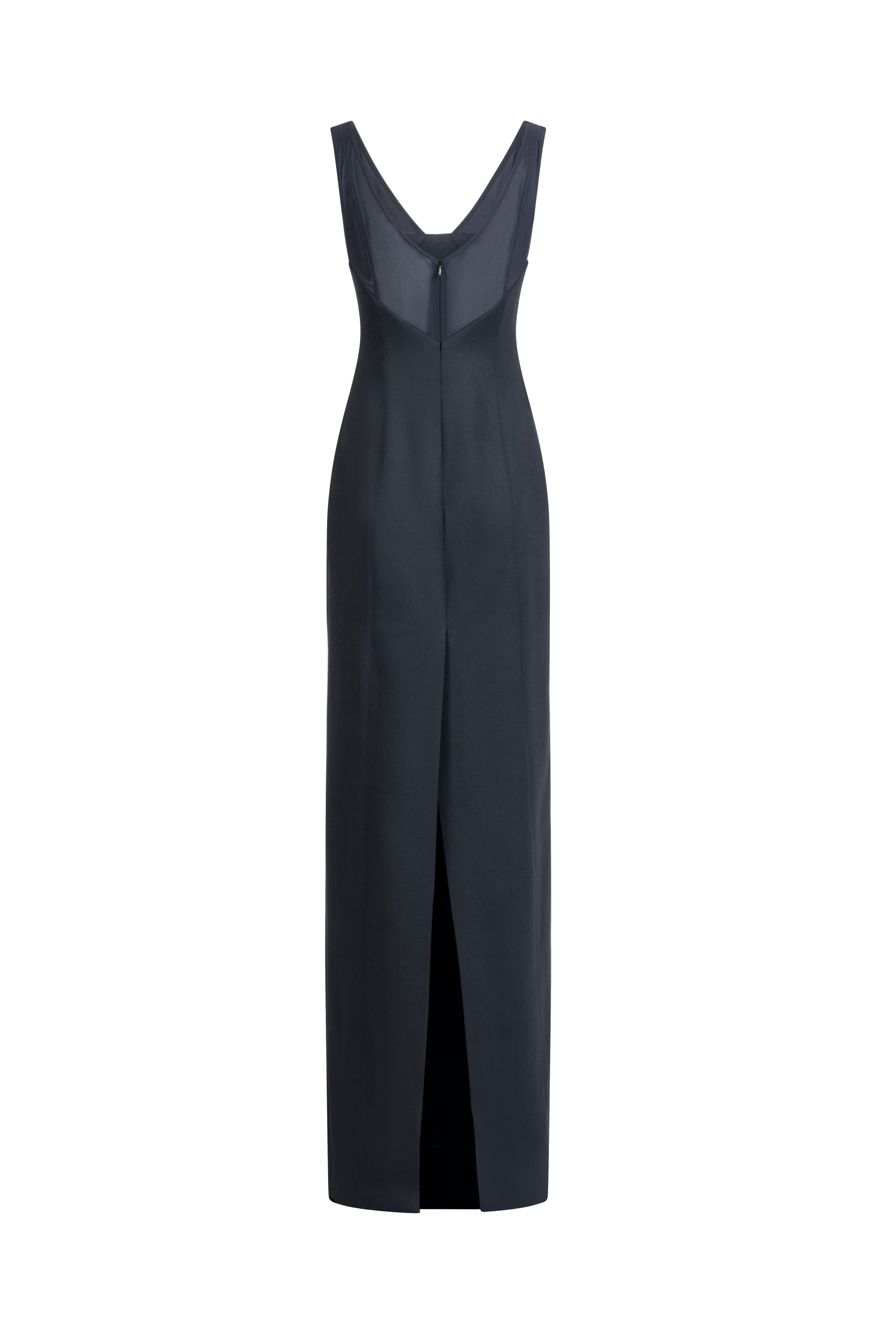 Women’s black evening gown with sheer V-back insert and center zip, back view