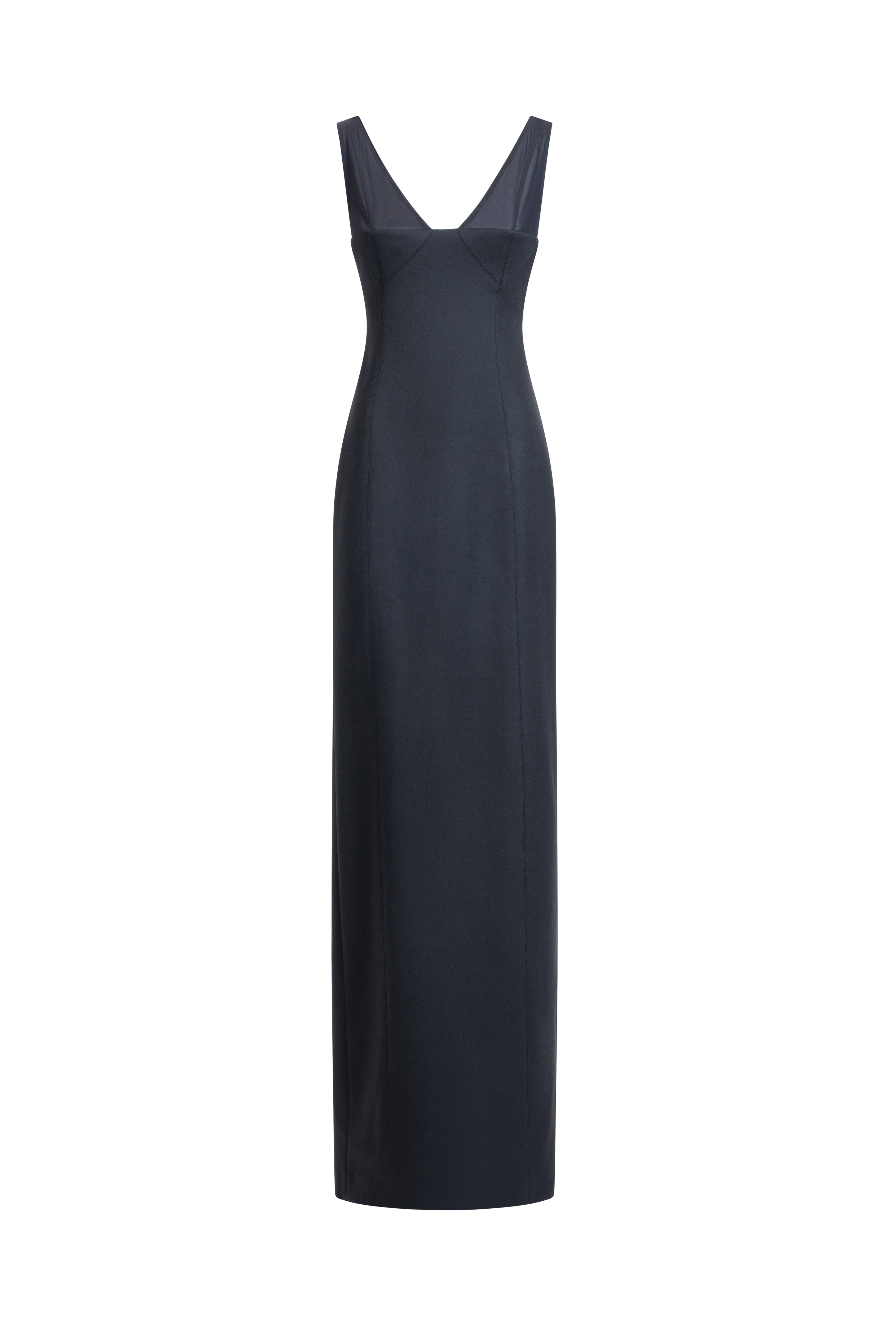 Women’s black evening gown with sculpted seams and front slit, front product view