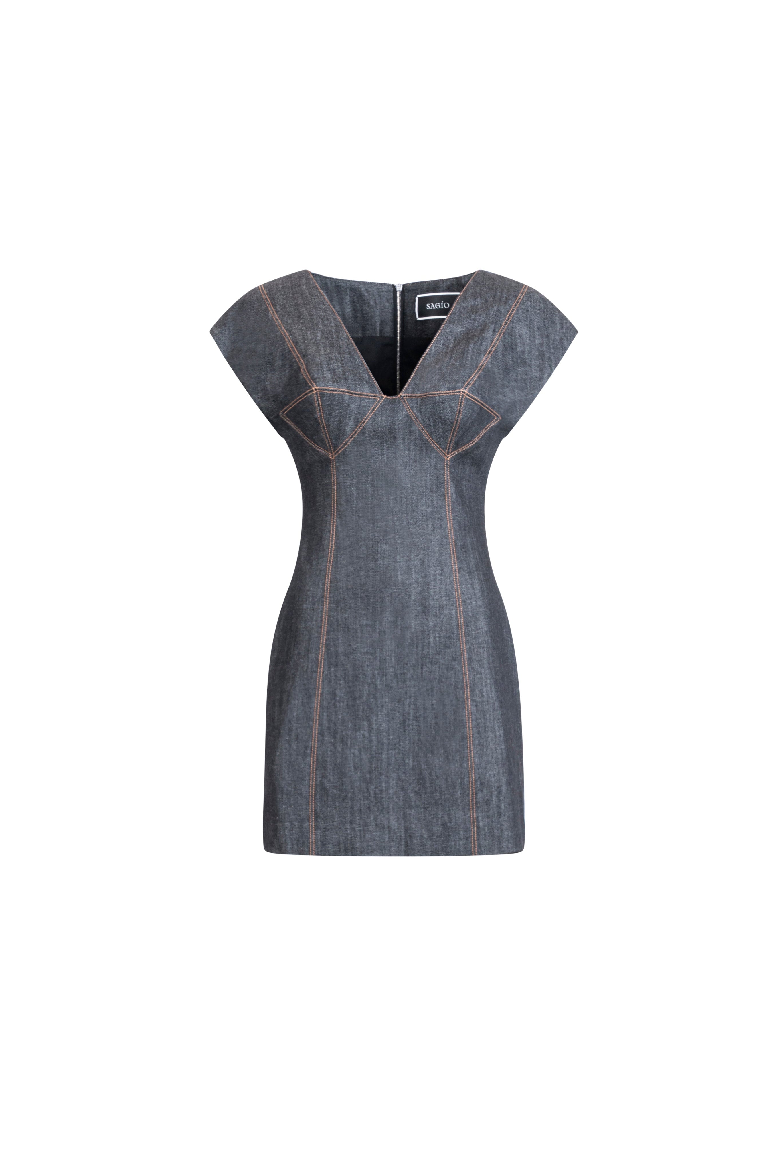 Women's charcoal denim mini dress with architectural seams and V-neck, front view