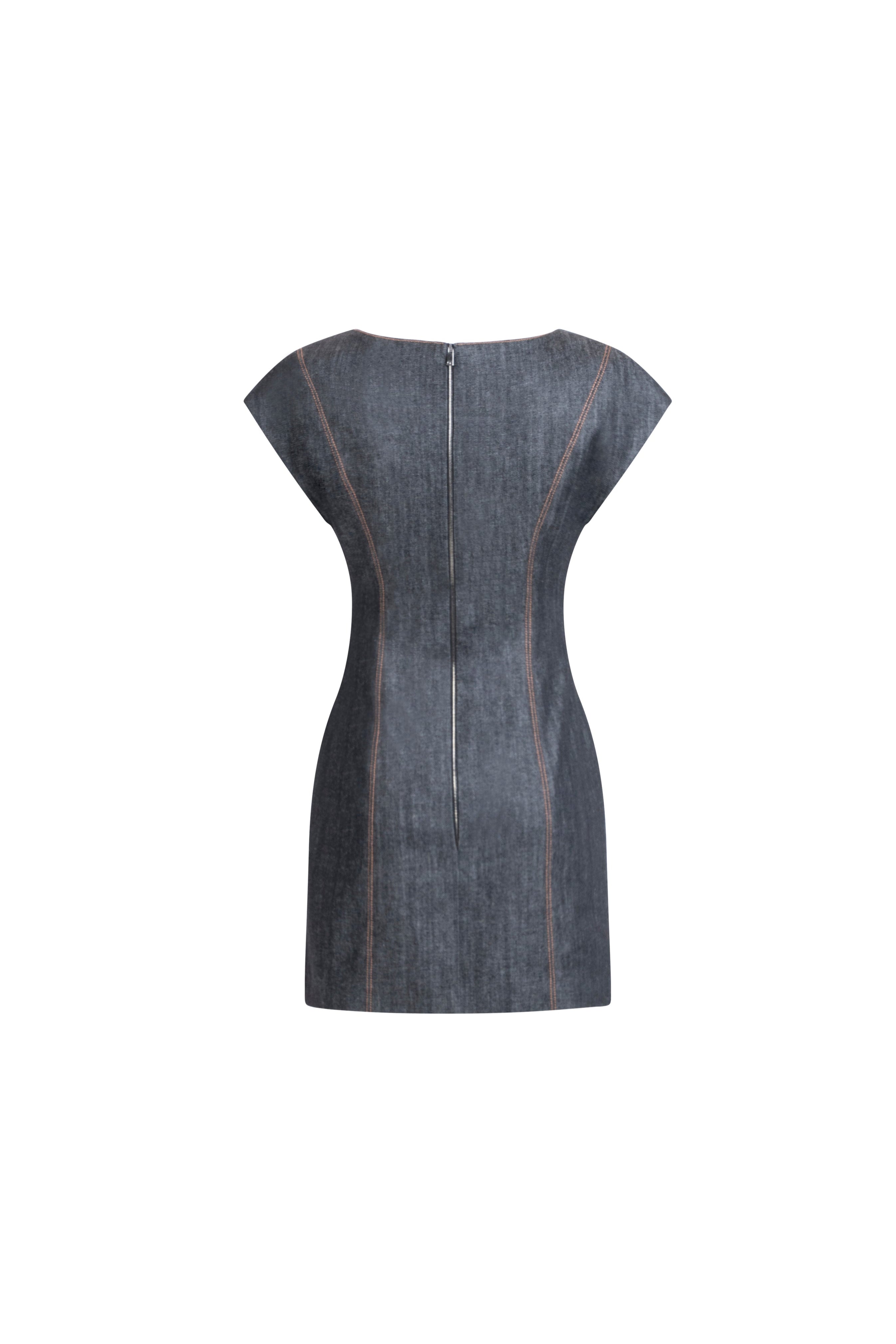 Women's charcoal denim mini dress with center back zipper and panel lines, back view