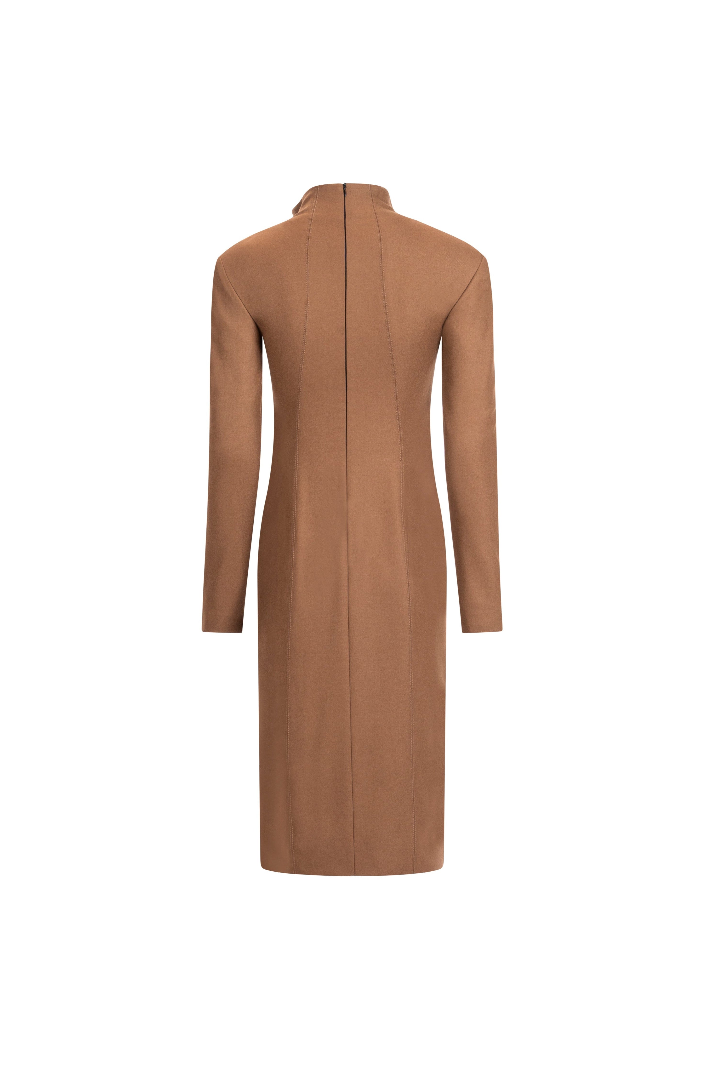 Women’s light brown wool midi dress, long sleeves, center-back seam