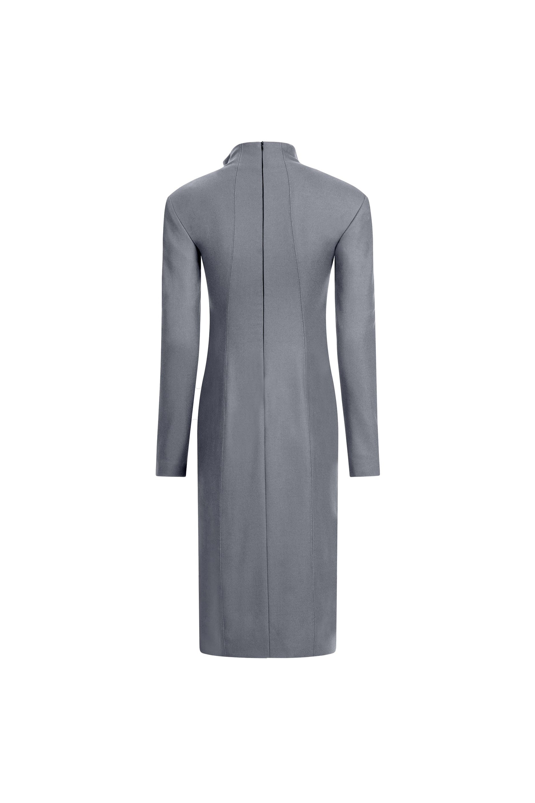 Women’s gray wool midi dress, long sleeves, center-back seam