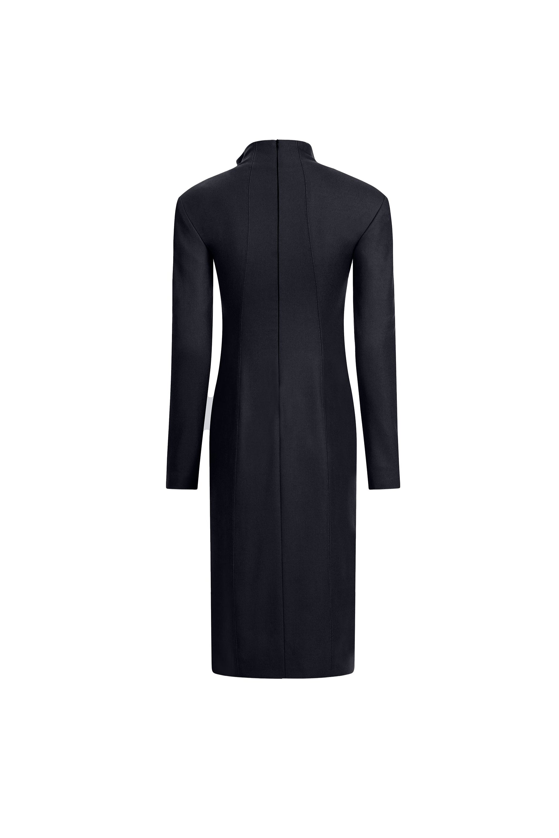 Women’s black wool midi dress, long sleeves, center-back seam