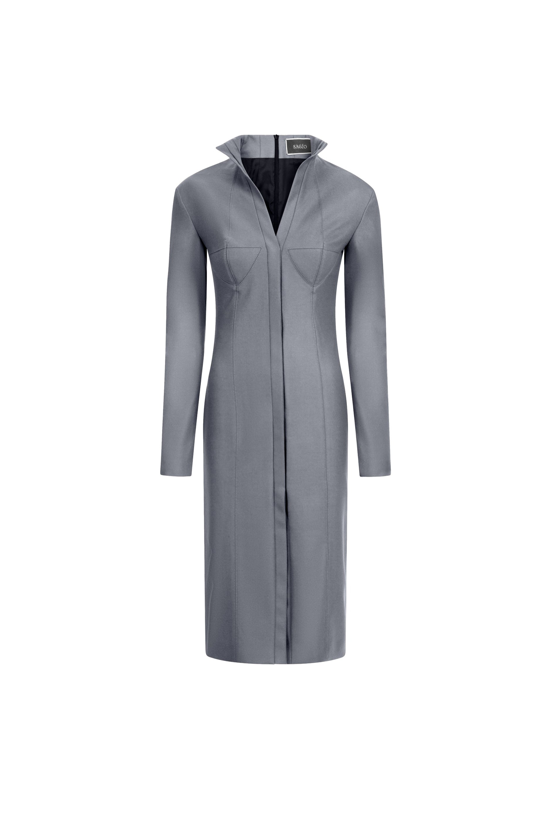 Women’s gray wool midi dress with bustier seams and front vent