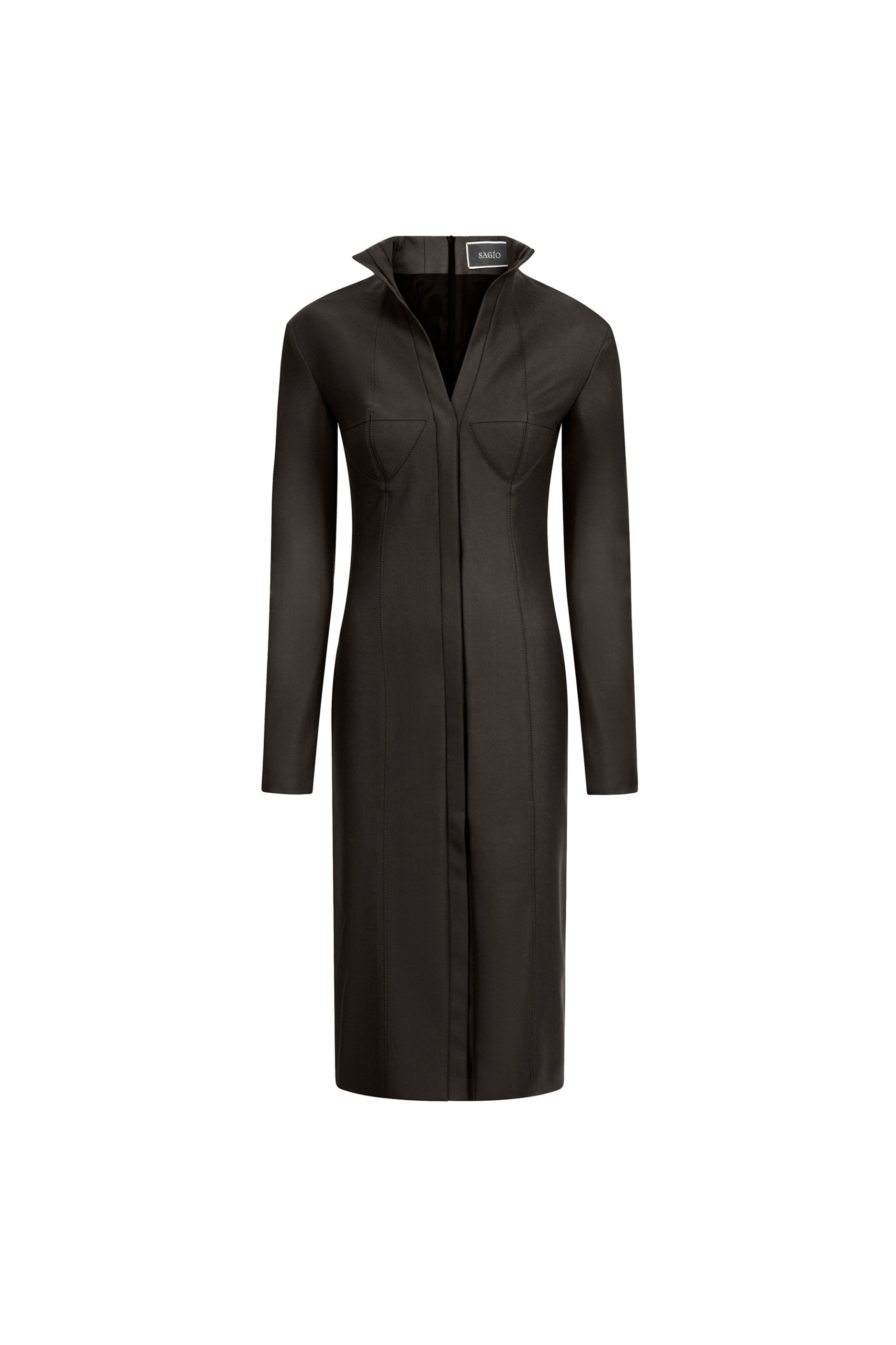 Women’s dark brown wool midi dress with bustier seams and front vent