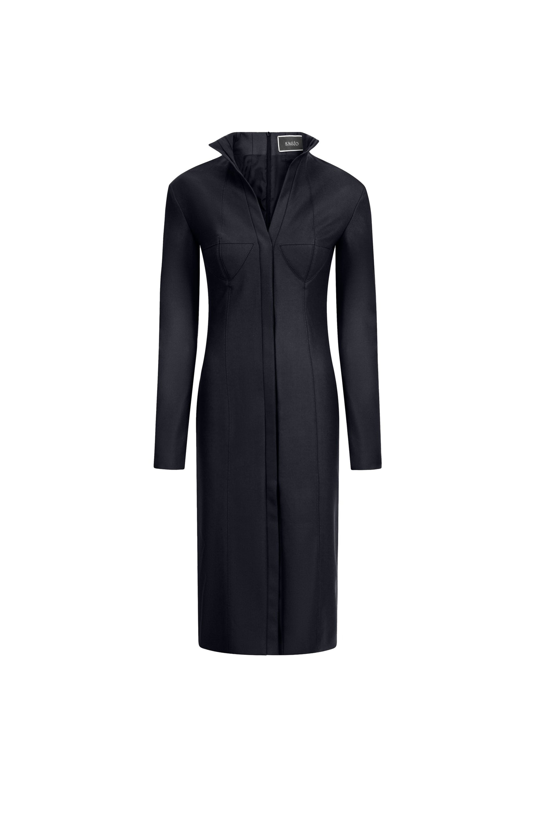 Women’s black wool midi dress with bustier seams and front vent