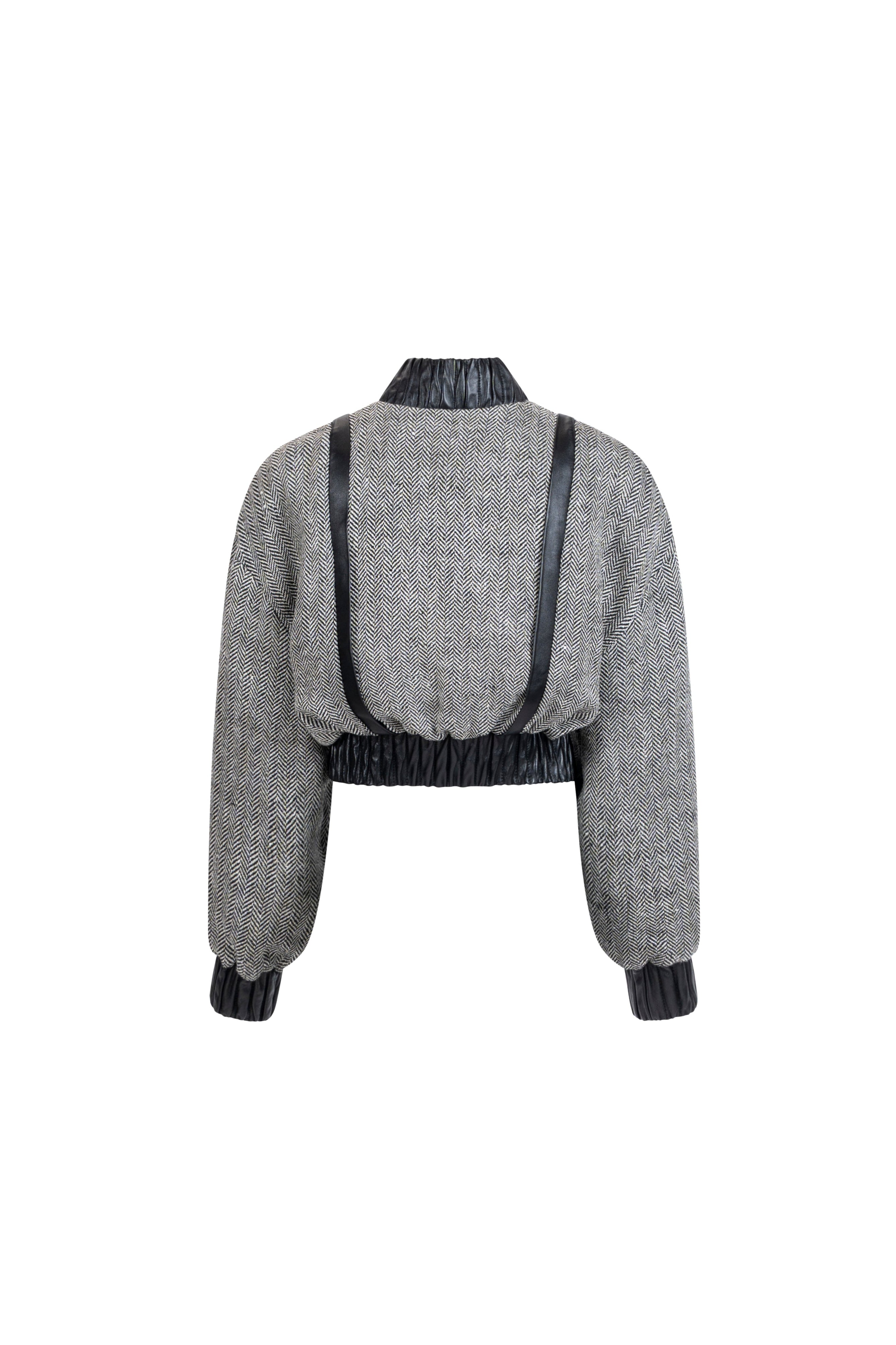 Grey herringbone tweed bomber jacket with leather trims, elastic hem and cuffs, back product view (FW 25/26 collection)
