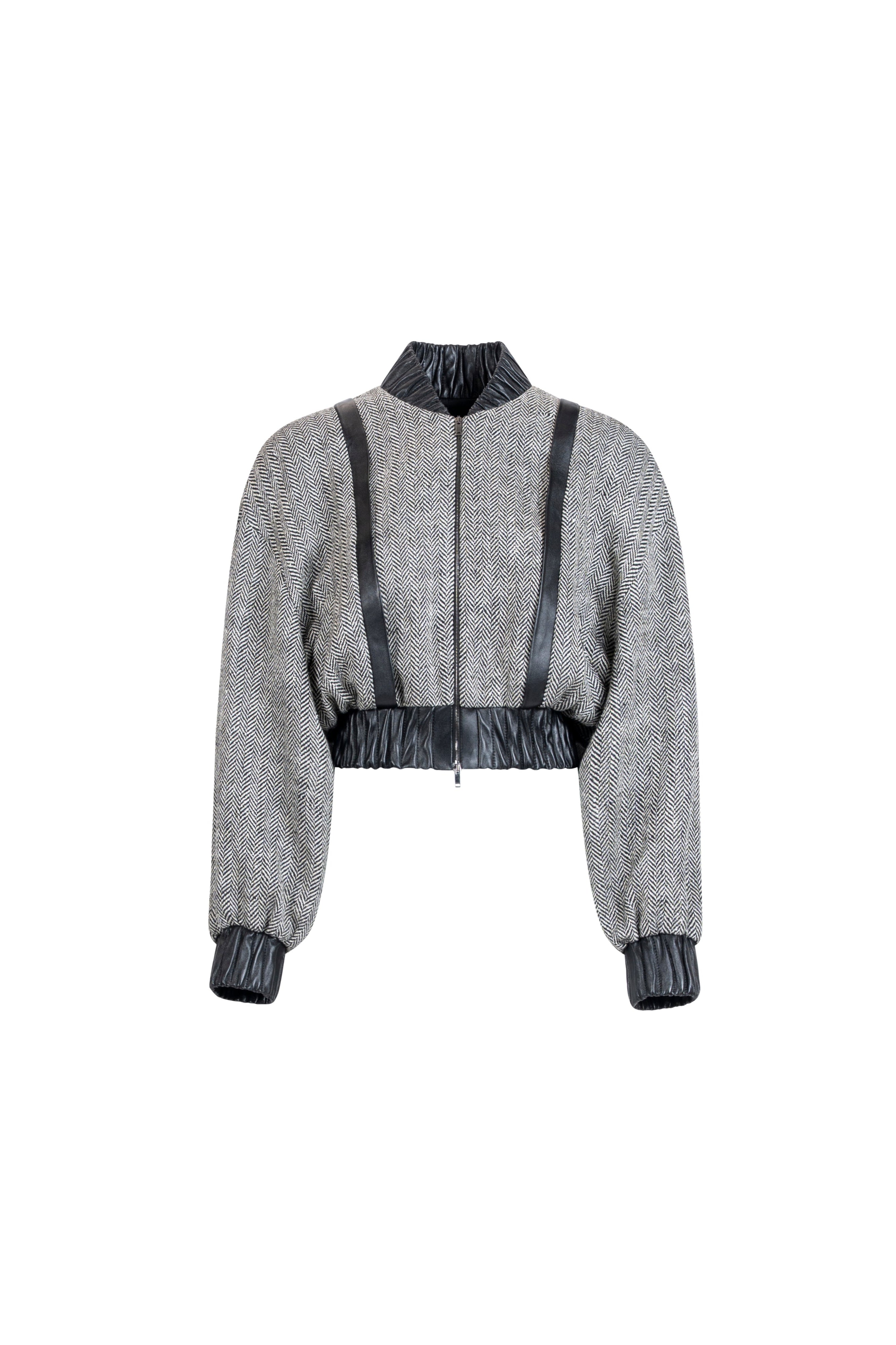 Grey herringbone tweed bomber jacket with leather trims and front zip, cropped fit, front product view