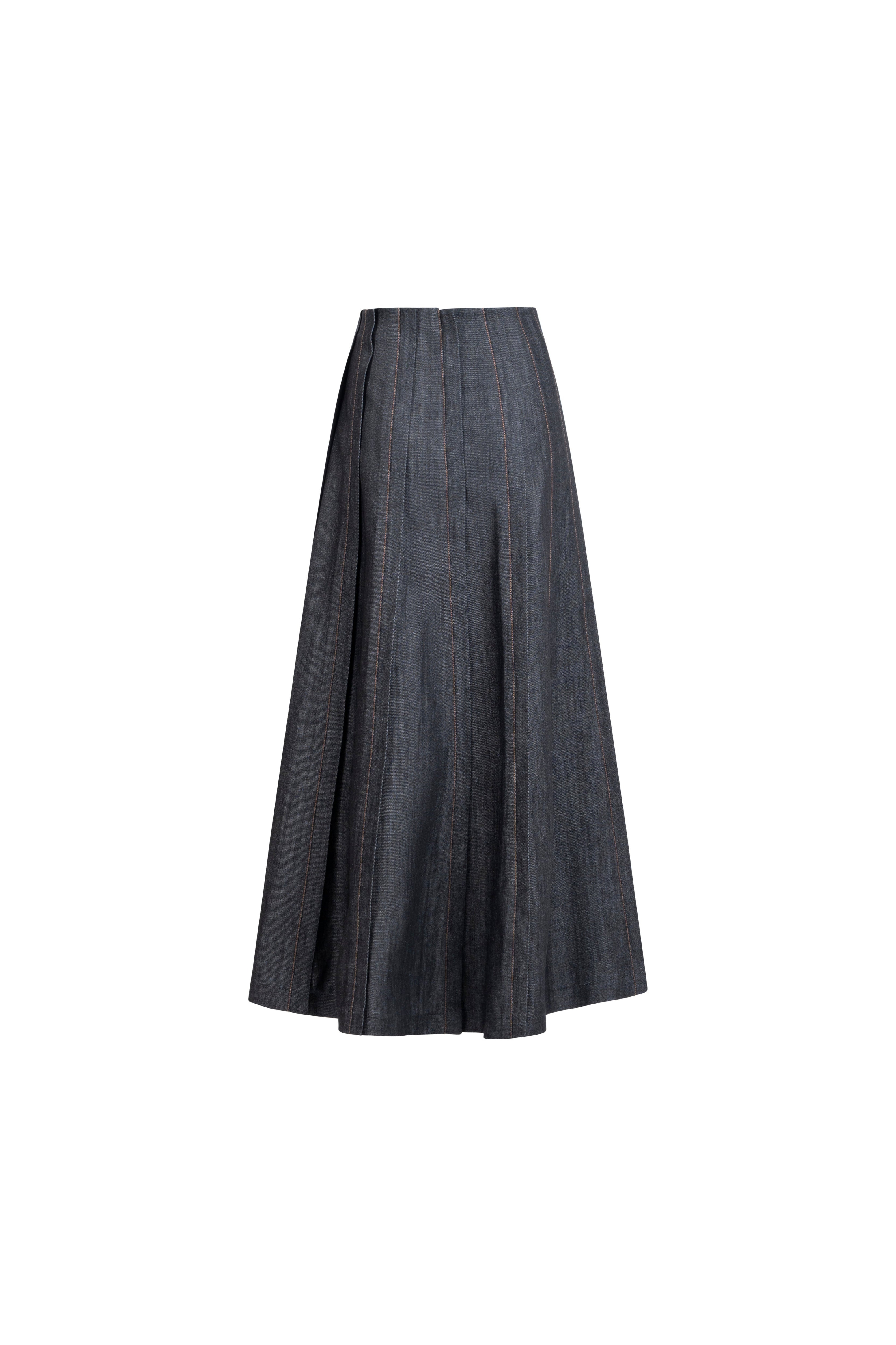 Placket denim skirt, three-quarter front view, placket panels