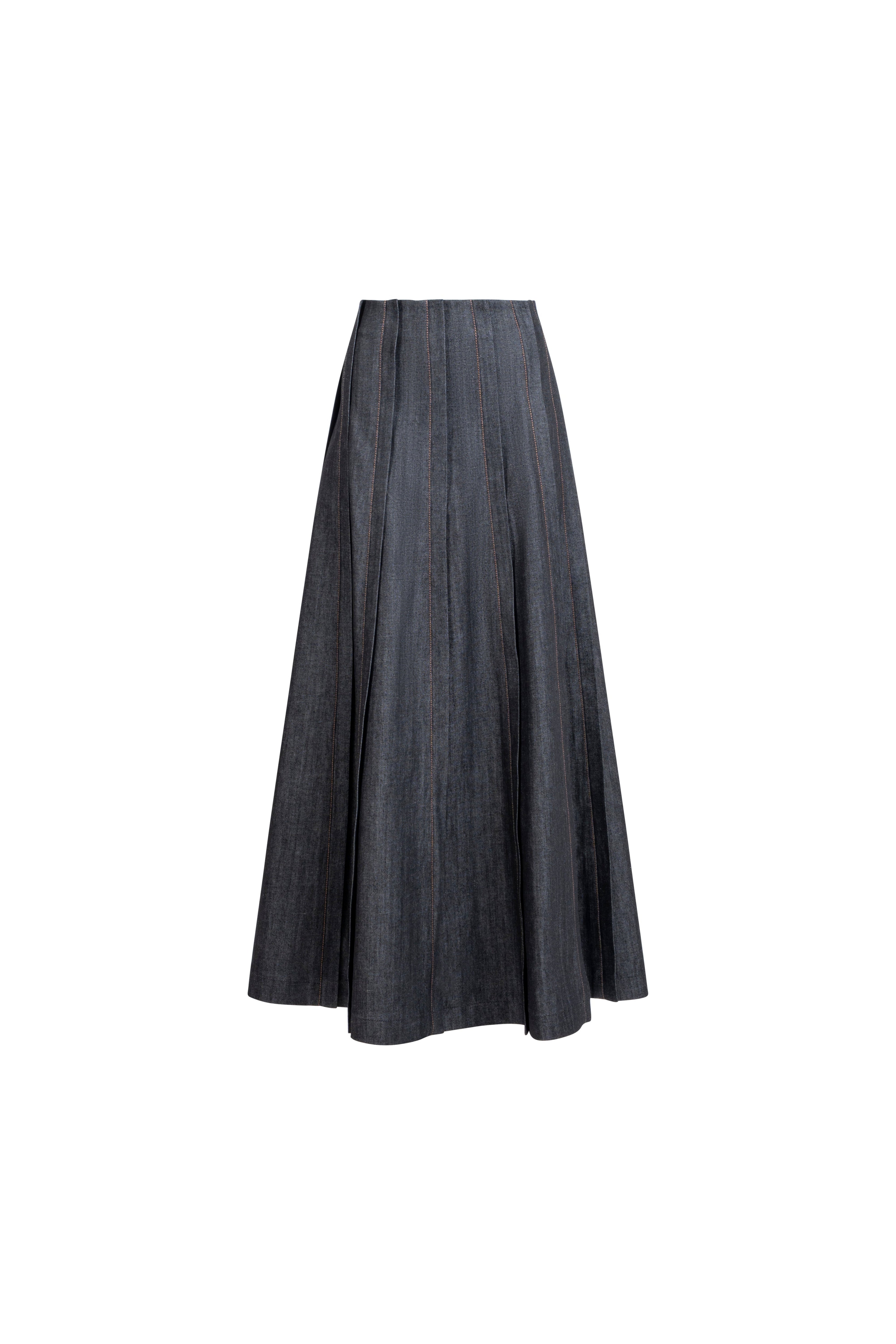 Placket denim skirt, front view, A-line silhouette
