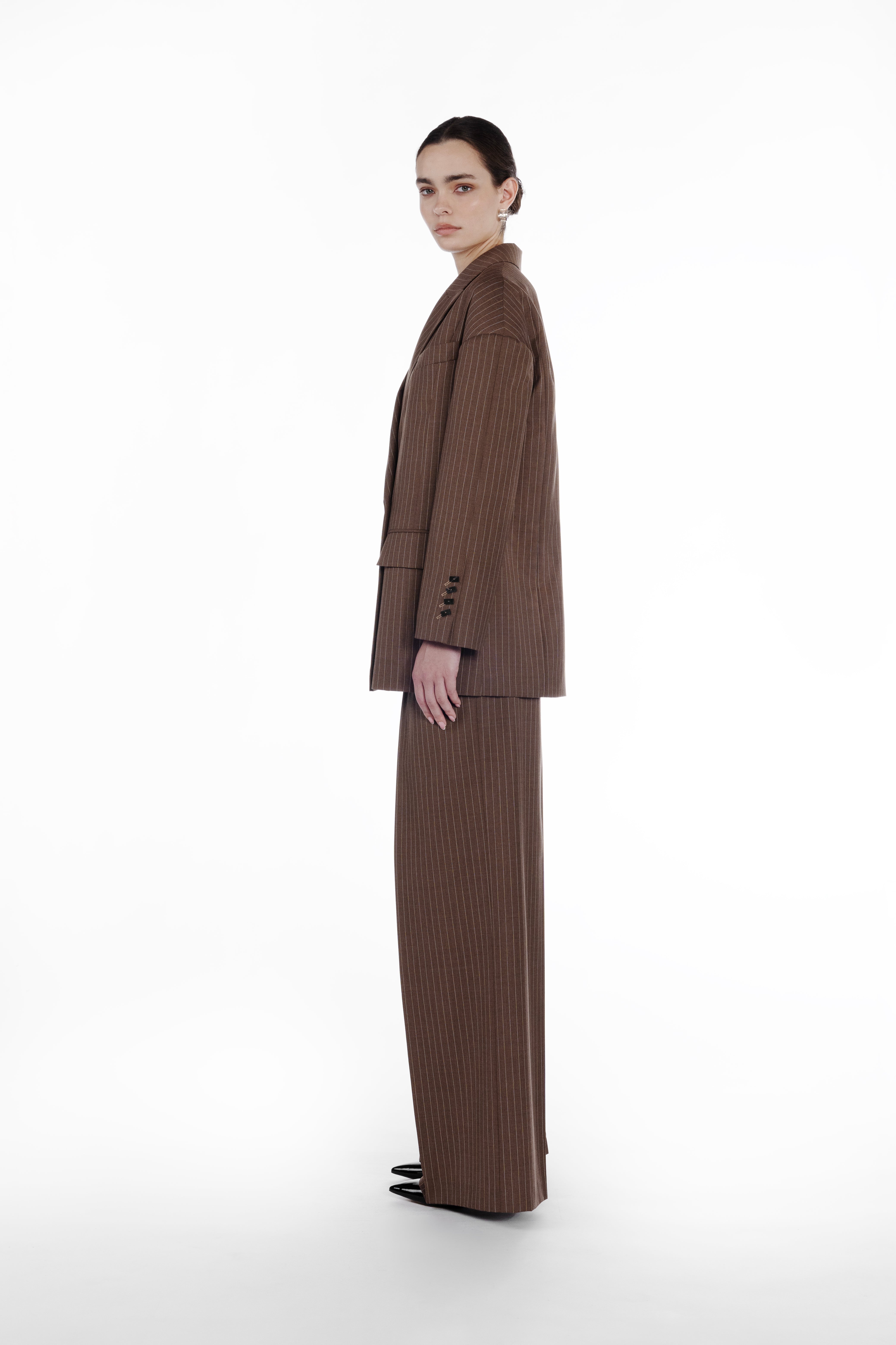 Falling Double-Breasted Stripes Jacket brown beige pinstripe side view relaxed tailored blazer in virgin wool