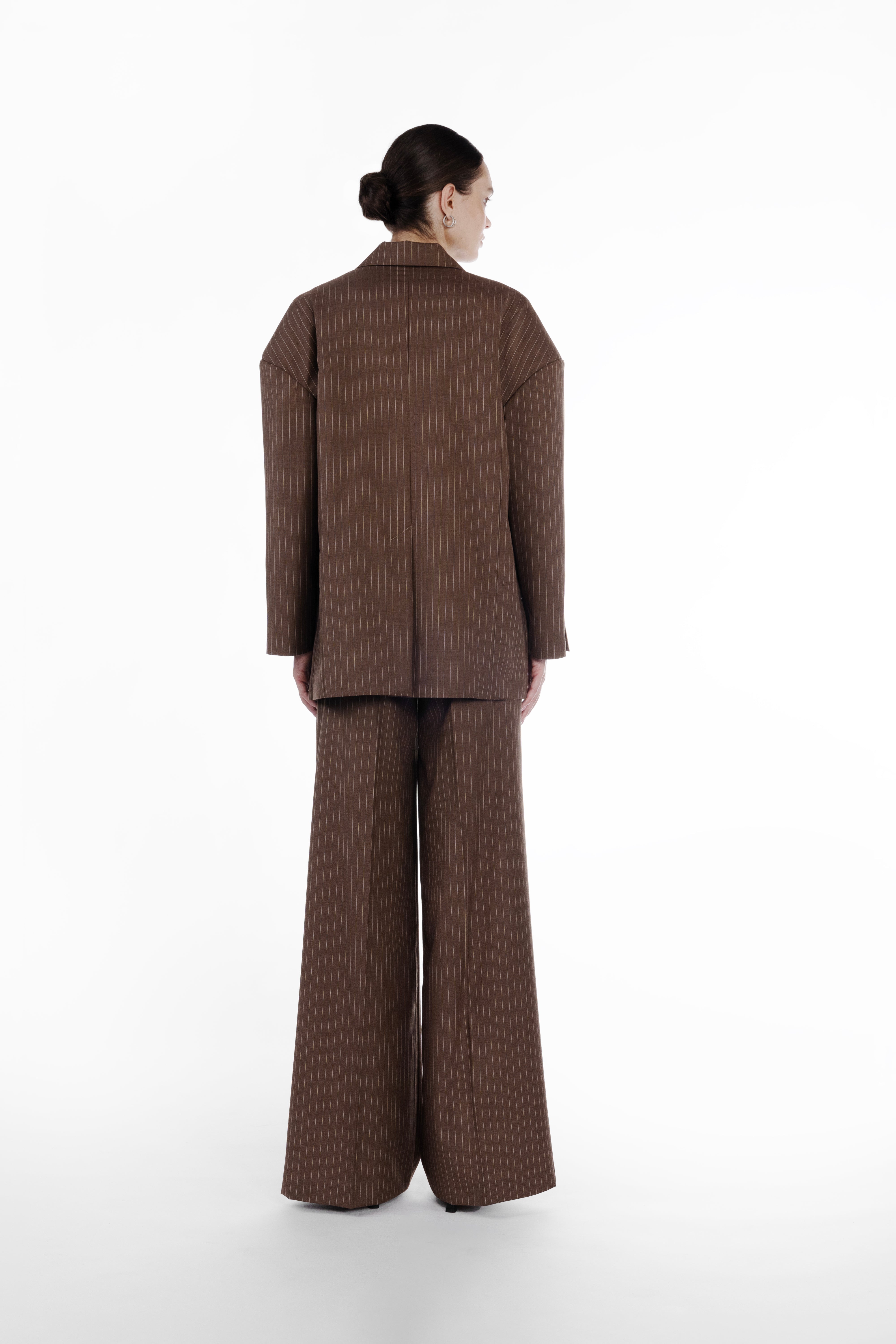 Falling Double-Breasted Stripes Jacket brown beige pinstripe back view longline tailored women’s blazer