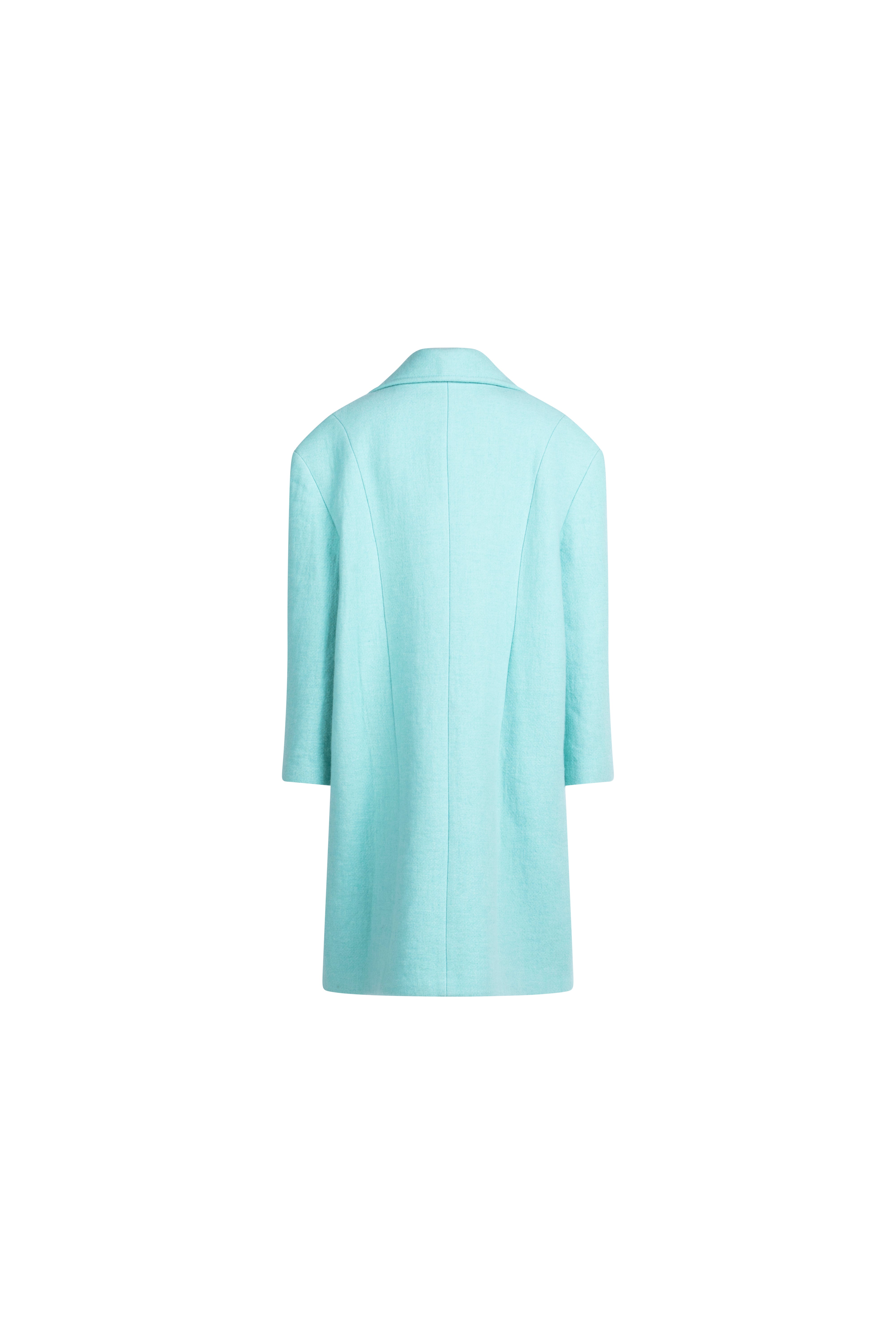 Falling Shoulder wool coat in Beach Glass, back packshot; clean vertical seams and relaxed shoulder line